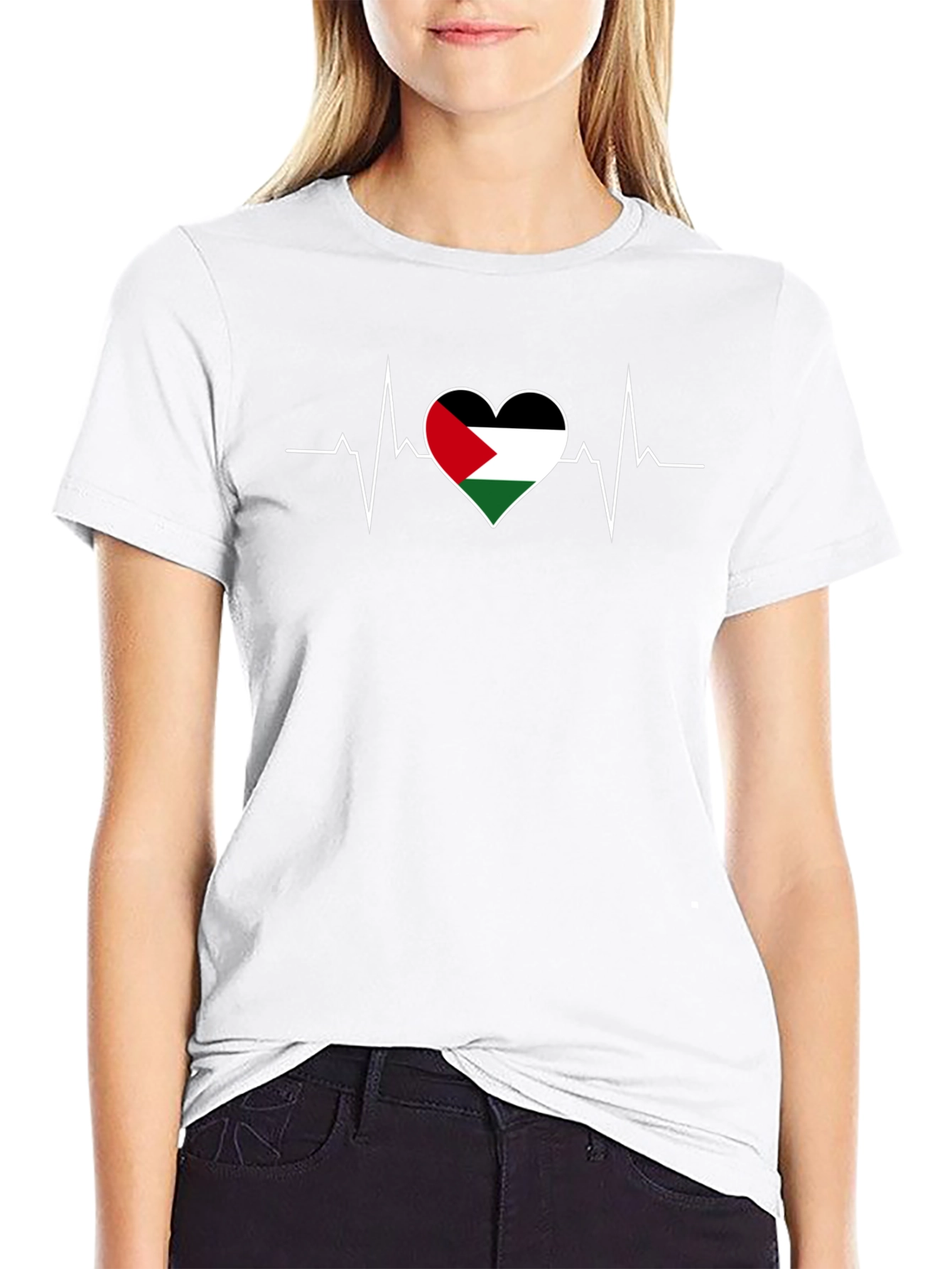Palestine Flag Heartbeat T-Shirt - Black
