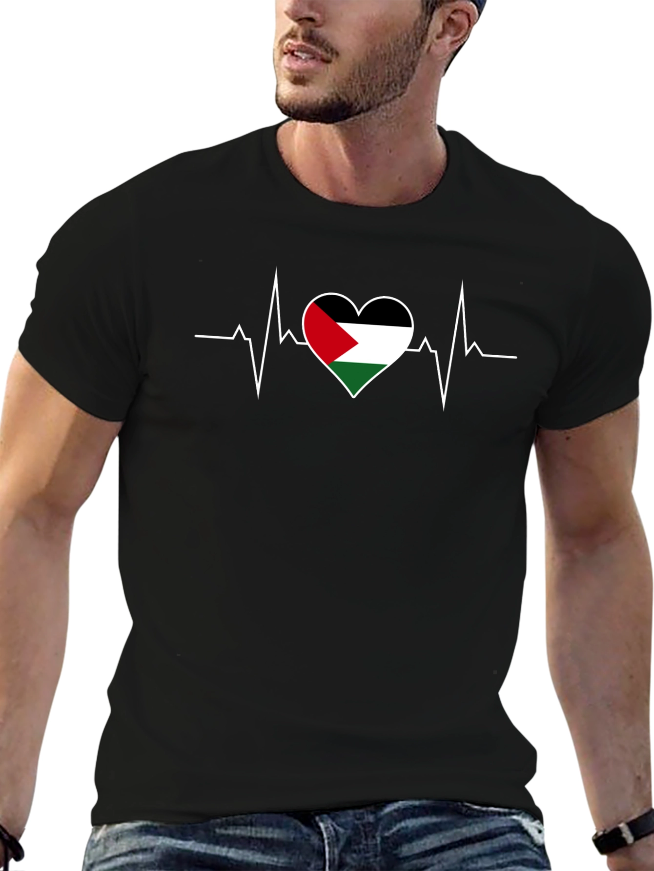Palestine Flag Heartbeat T-Shirt - Black