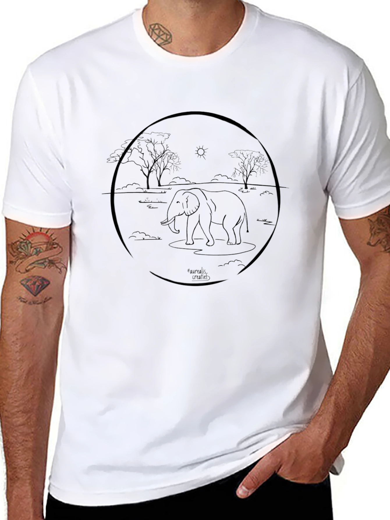 Elephant Outline Graphic Tee - Casual Black T-Shirt
