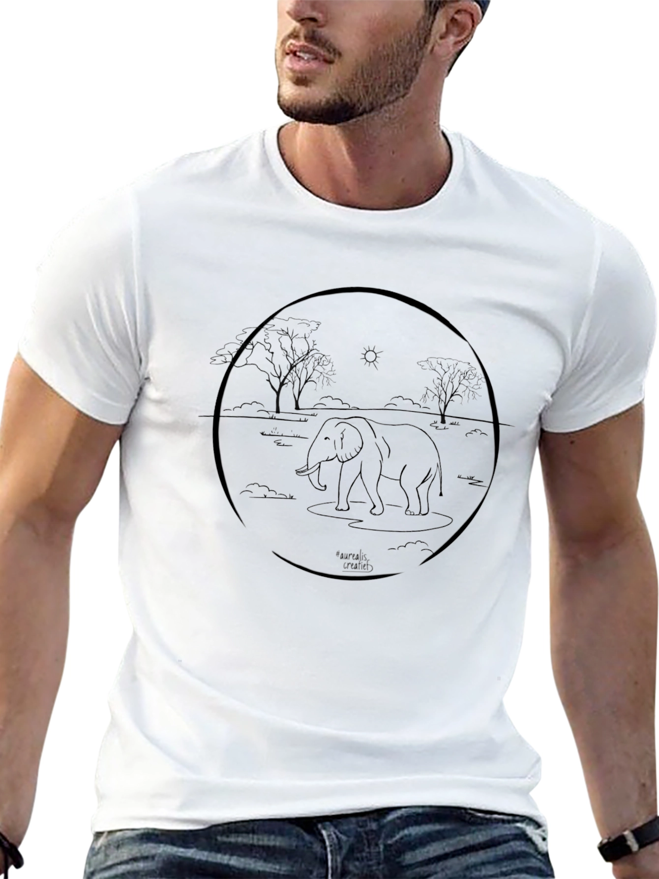 Elephant Outline Graphic Tee - Casual Black T-Shirt