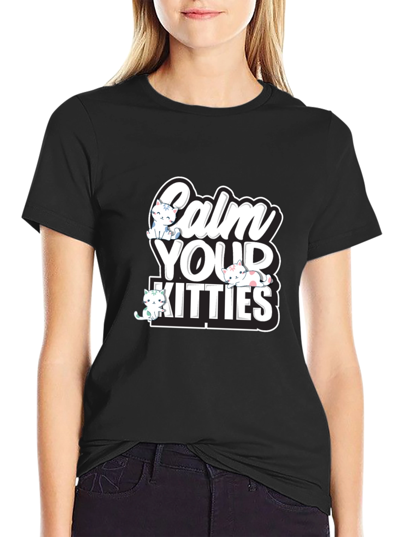 Calm Your Kitties Graphic T-Shirt - Black