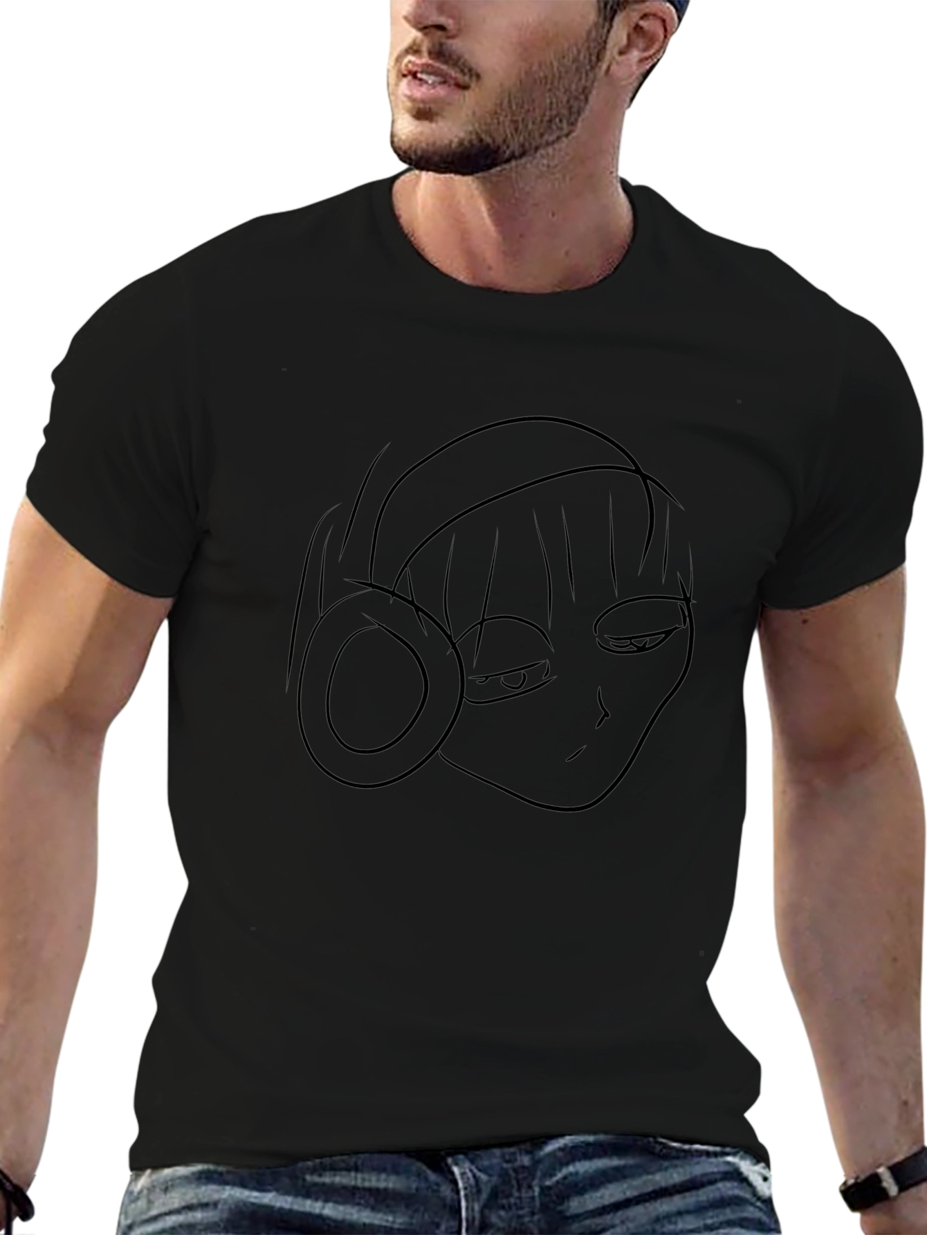 Minimalist Anime Girl Headphones Black T-Shirt