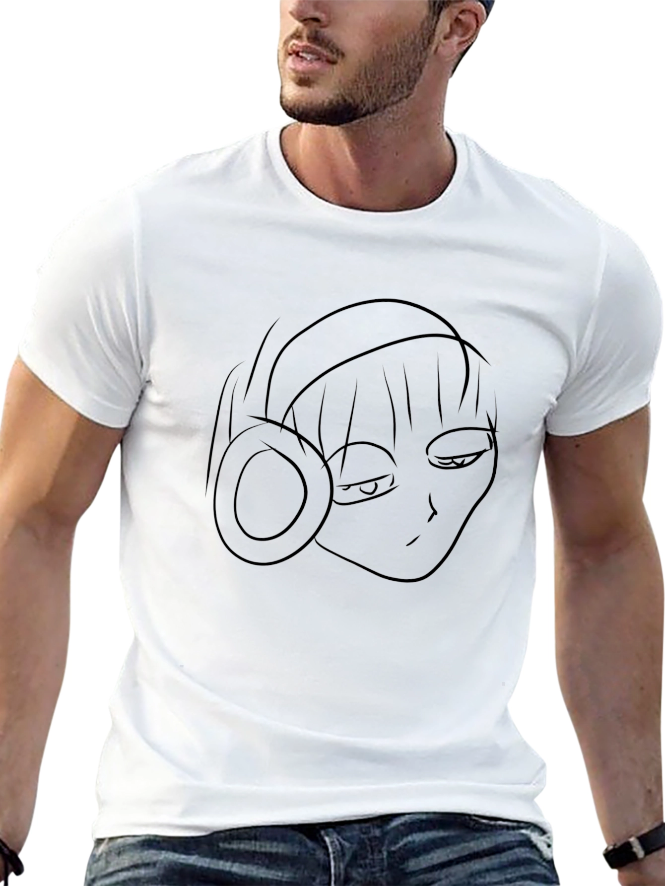 Minimalist Anime Girl Headphones Black T-Shirt