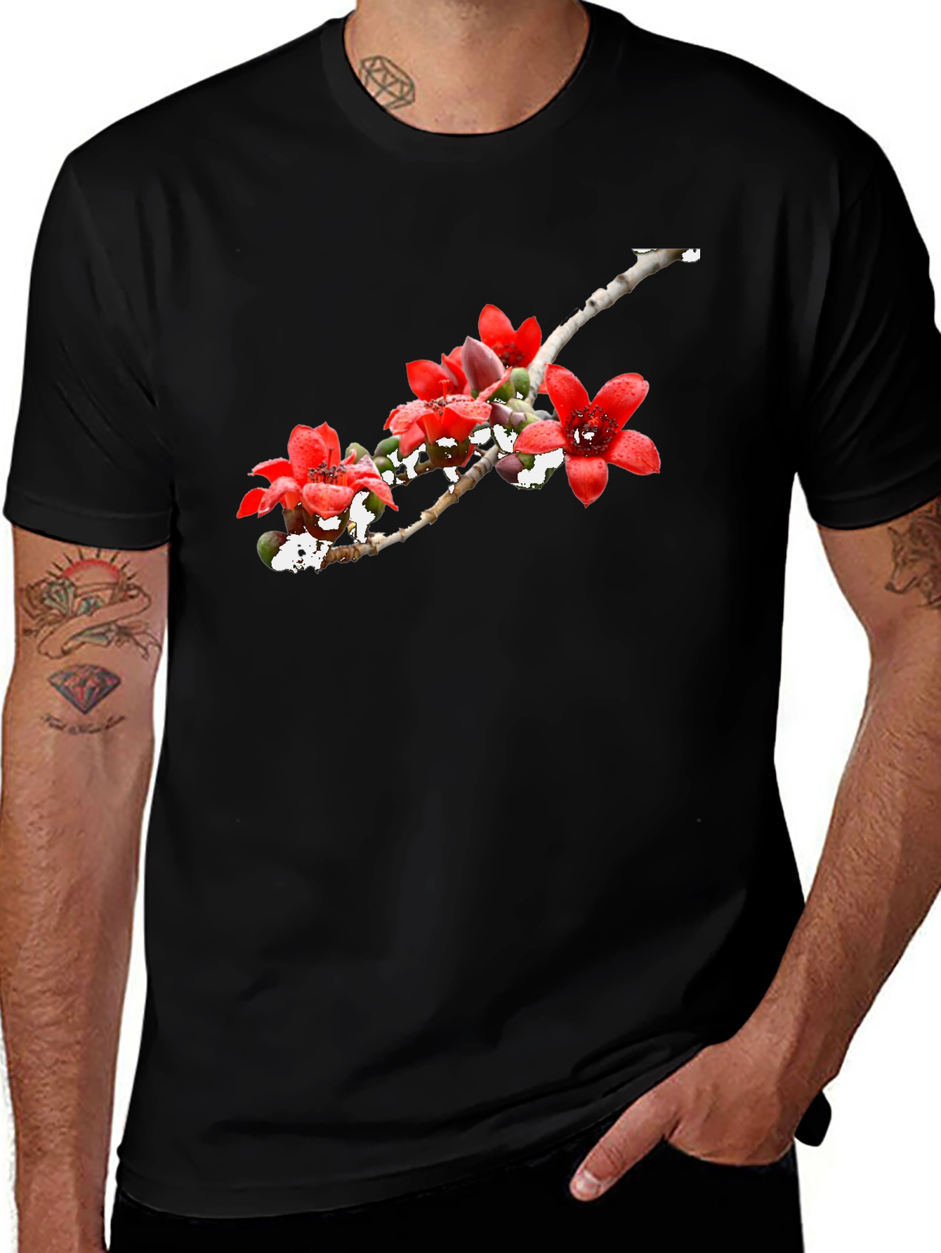 Floral Print Black Crew Neck T-Shirt