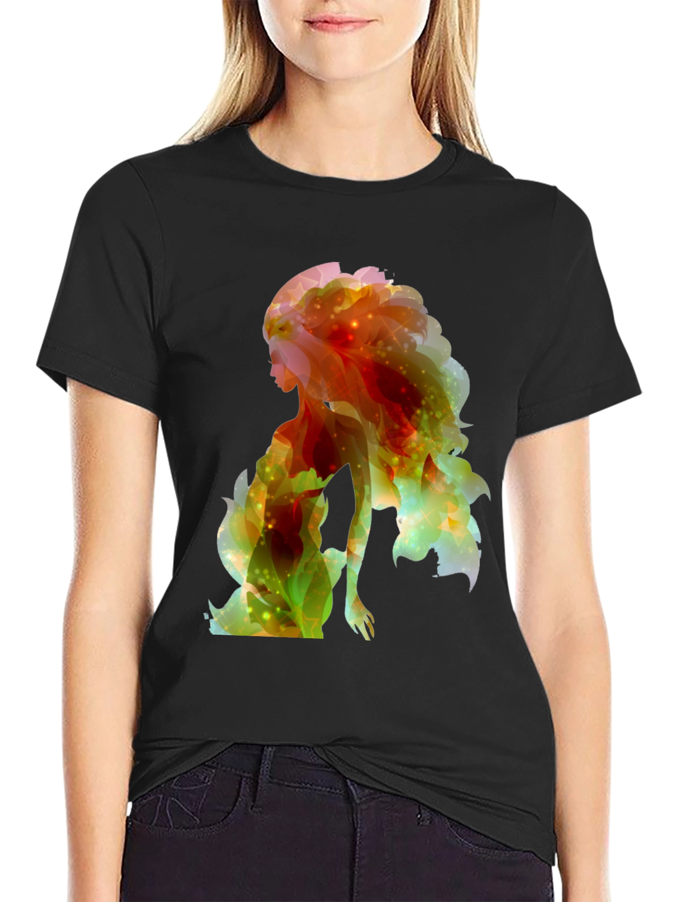 Abstract Woman Graphic Tee - Trendy Black Shirt