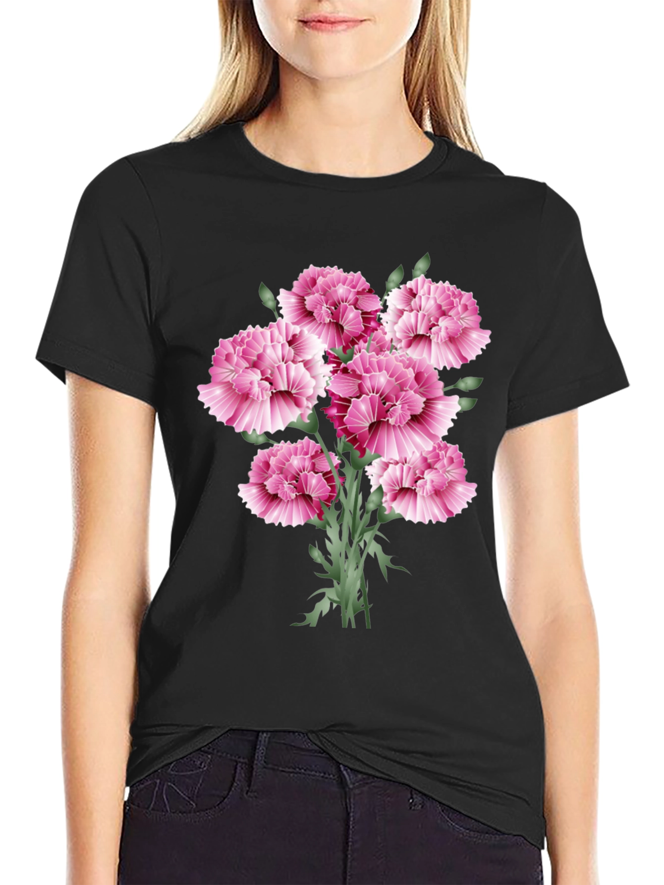 Floral Carnation Graphic Print Black T-Shirt