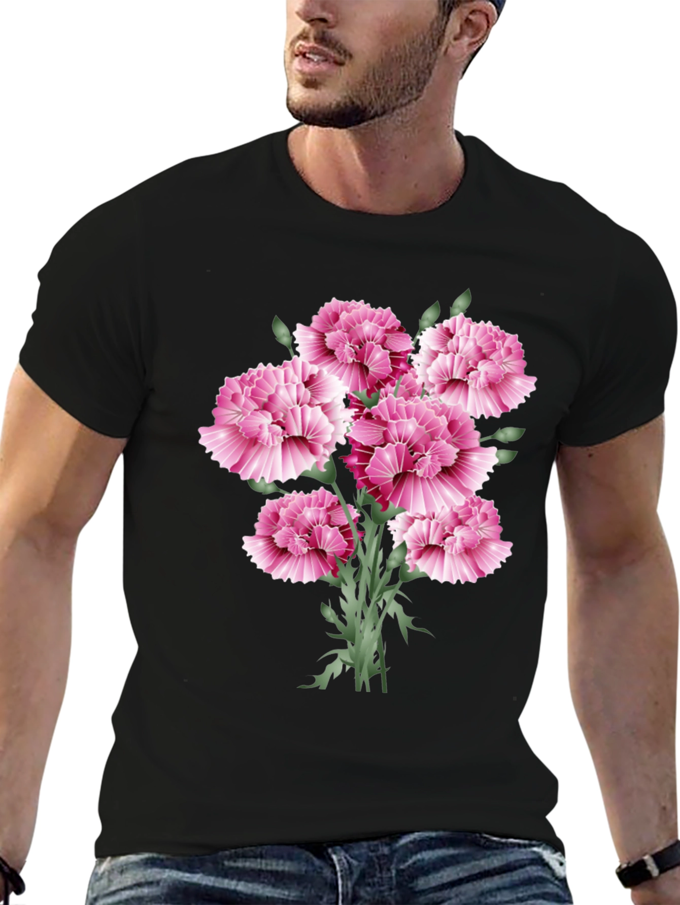 Floral Carnation Graphic Print Black T-Shirt