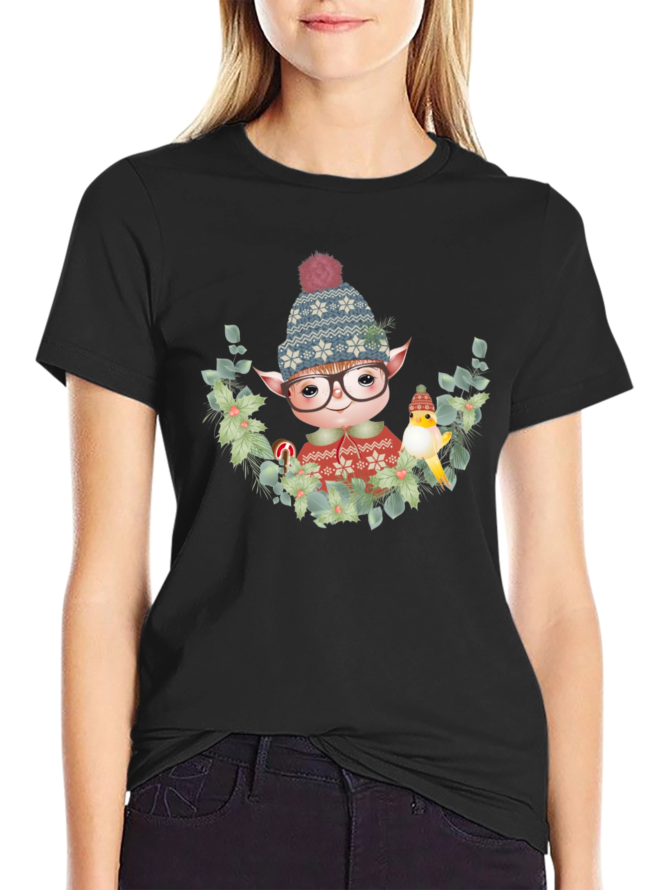 Festive Elf Graphic T-Shirt - Holiday Cheer