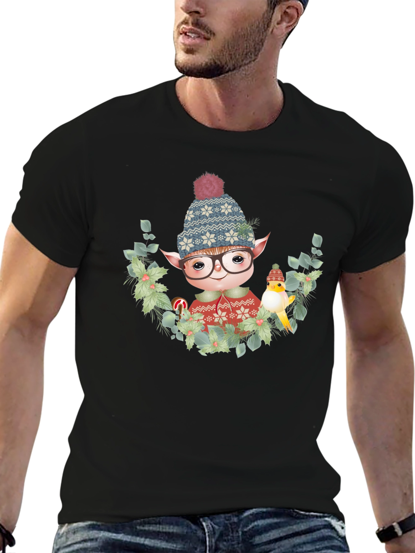 Festive Elf Graphic T-Shirt - Holiday Cheer