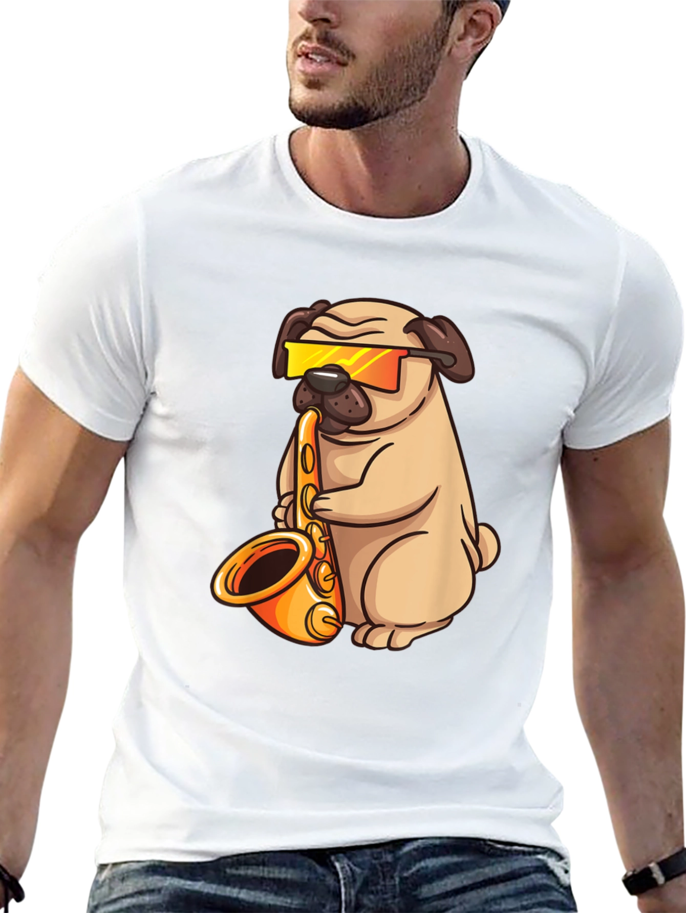Saxophone Pug T-Shirt - Cool Dog Graphic Tee