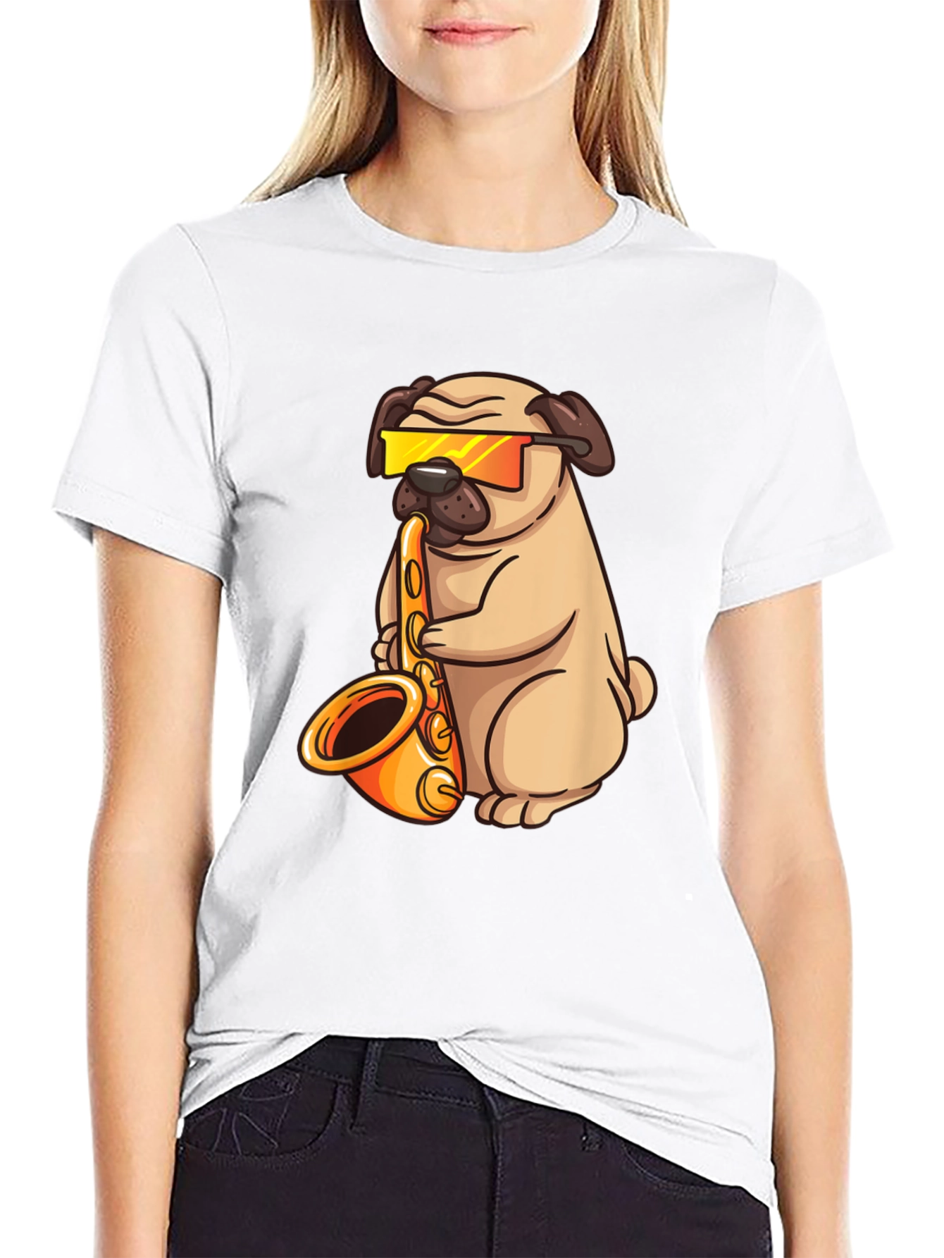 Saxophone Pug T-Shirt - Cool Dog Graphic Tee