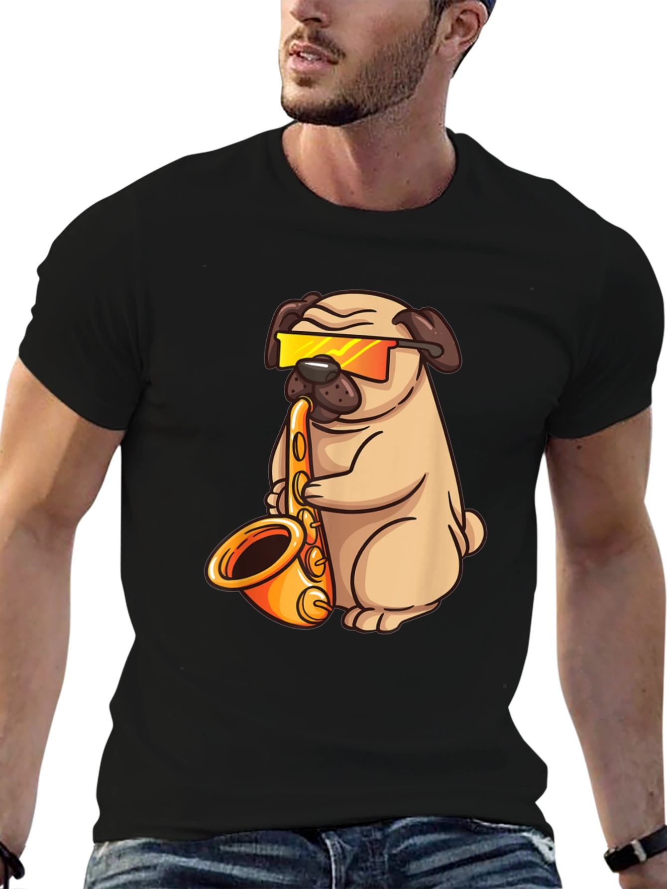 Saxophone Pug T-Shirt - Cool Dog Graphic Tee