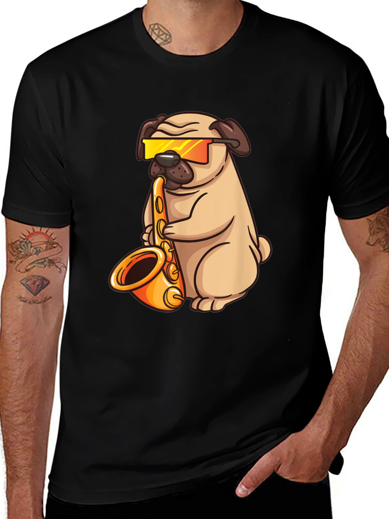Saxophone Pug T-Shirt - Cool Dog Graphic Tee