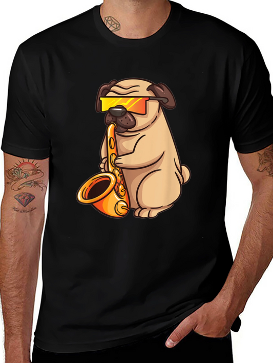 Saxophone Pug T-Shirt - Cool Dog Graphic Tee