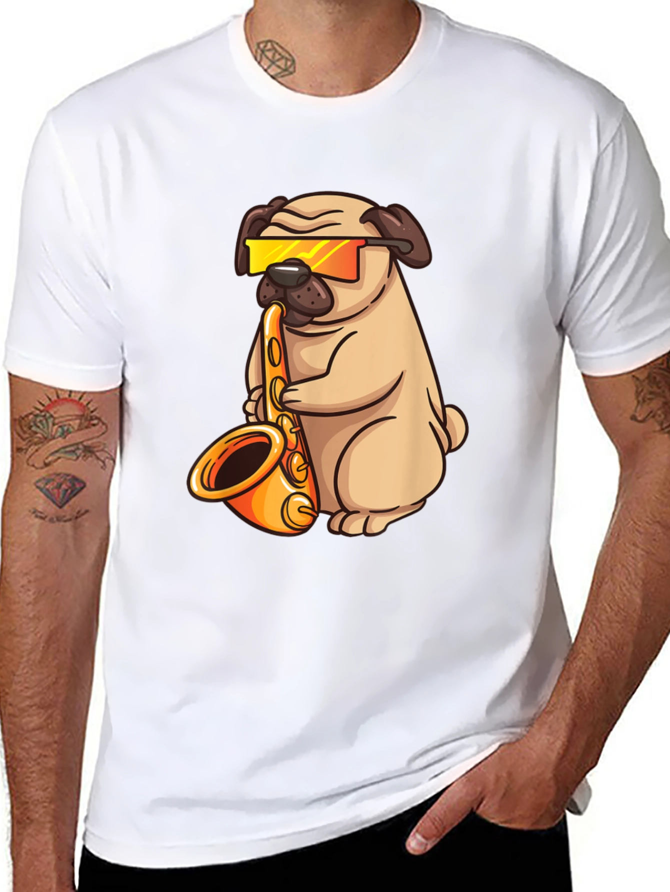 Saxophone Pug T-Shirt - Cool Dog Graphic Tee