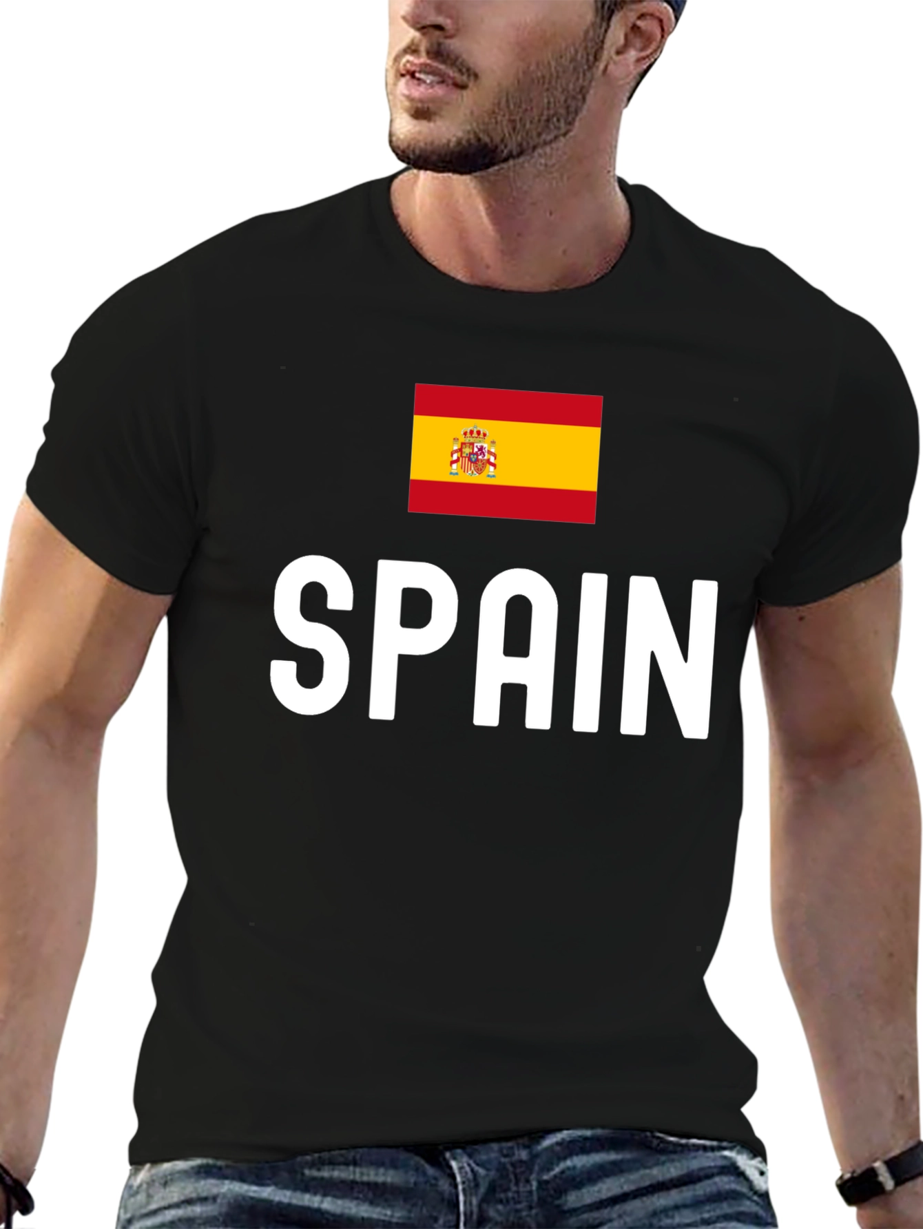 Spain Flag Graphic Tee - Black Cotton T-Shirt