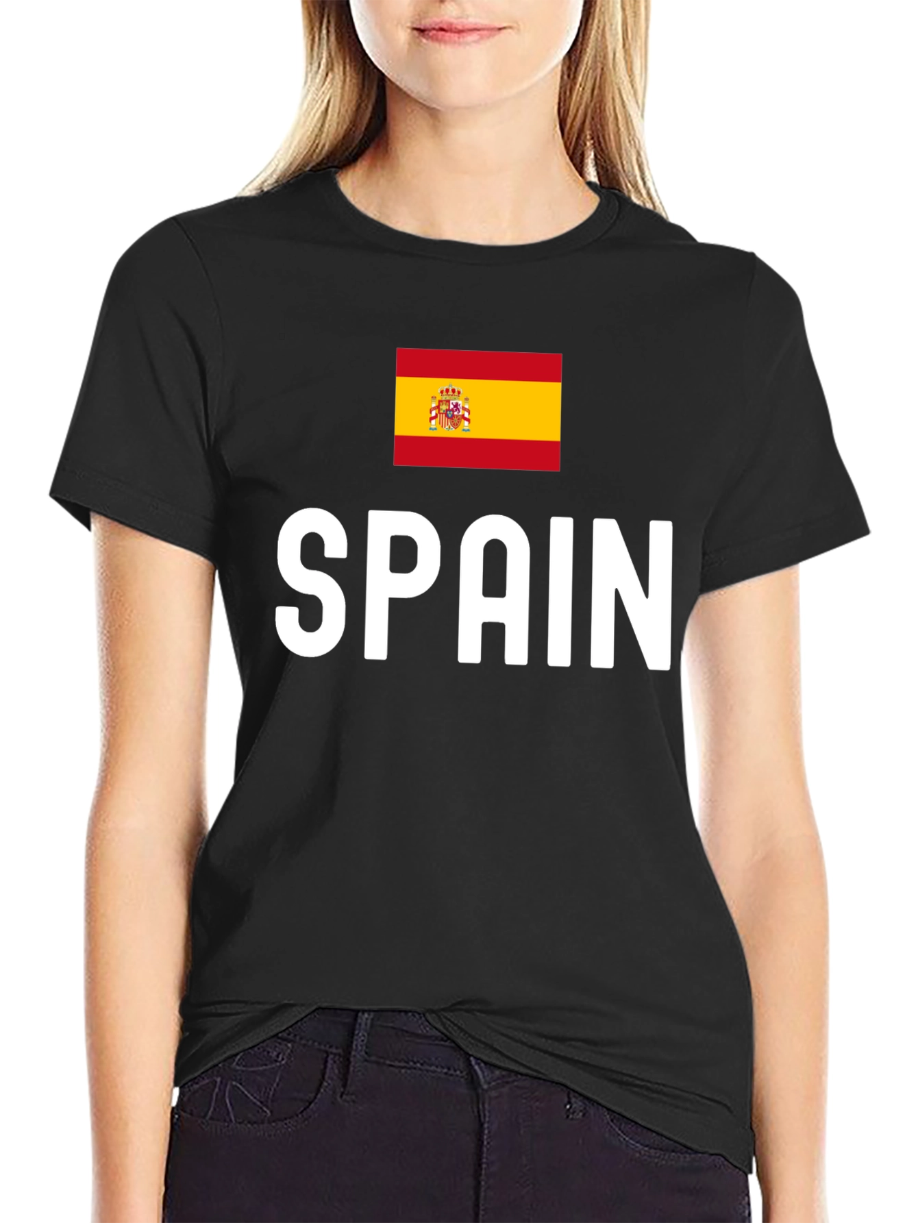 Spain Flag Graphic Tee - Black Cotton T-Shirt