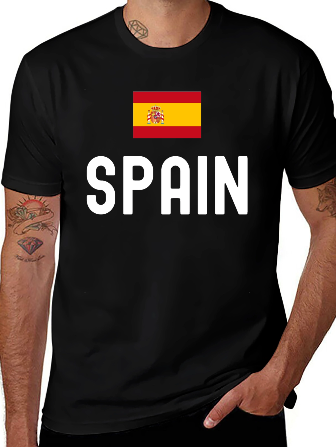 Spain Flag Graphic Tee - Black Cotton T-Shirt