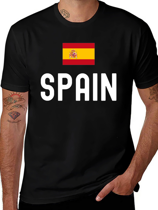 Spain Flag Graphic Tee - Black Cotton T-Shirt