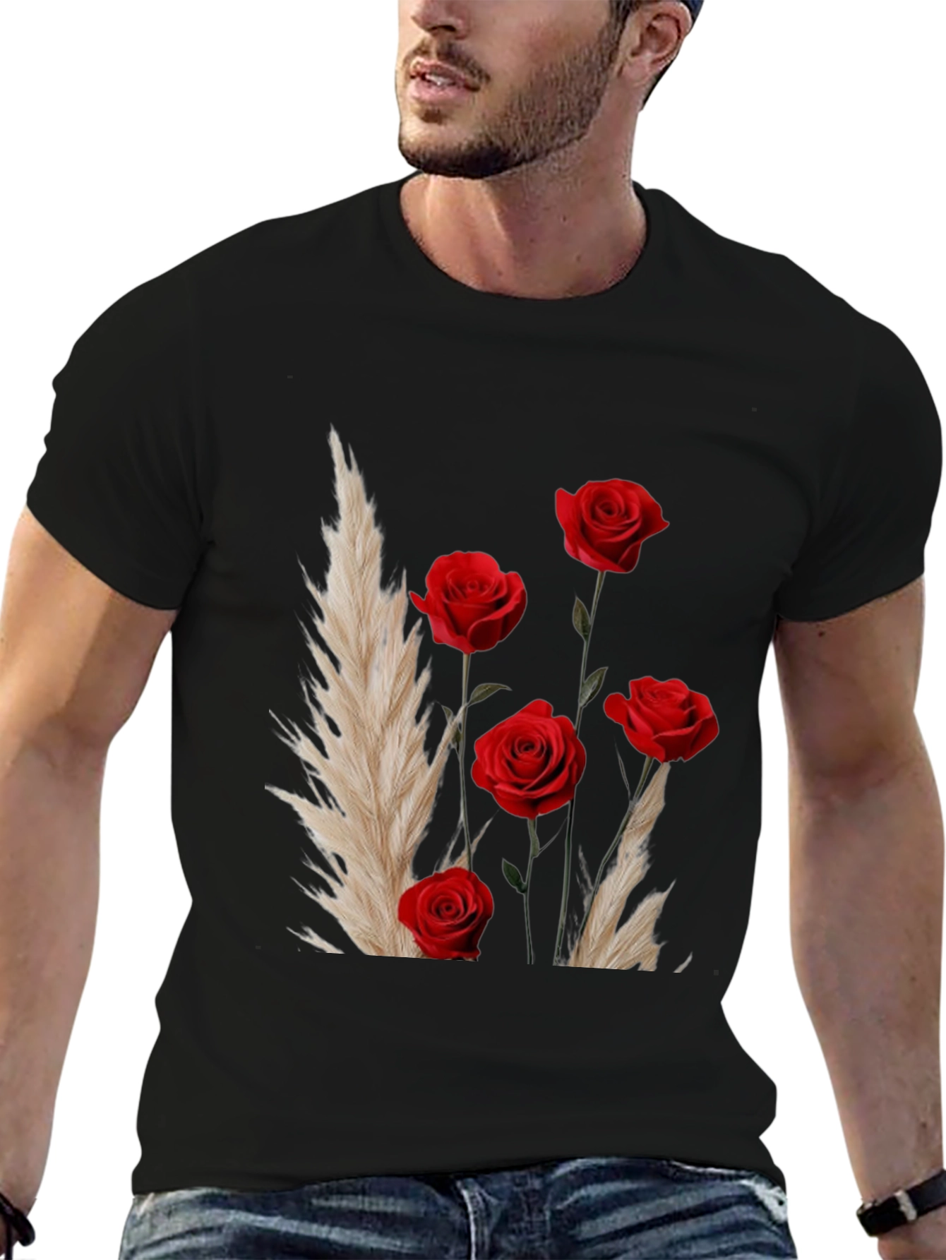 Floral Rose Bouquet Graphic Print Black T-Shirt