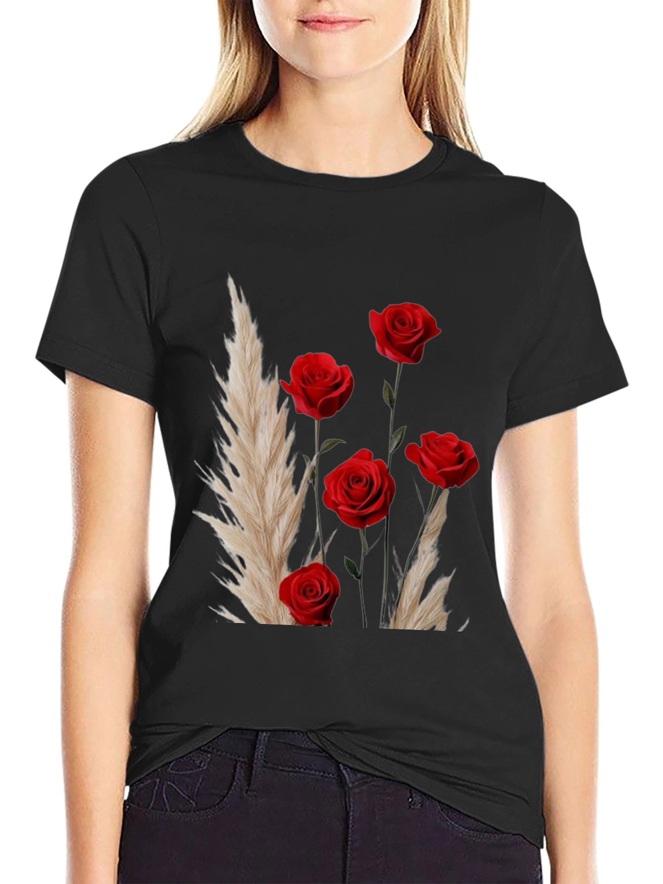 Floral Rose Bouquet Graphic Print Black T-Shirt