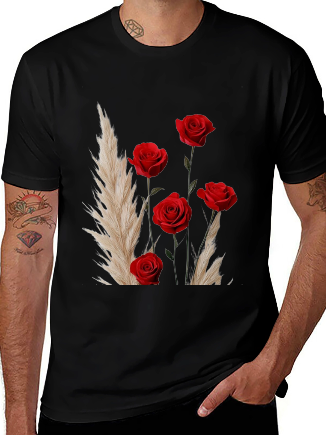 Floral Rose Bouquet Graphic Print Black T-Shirt