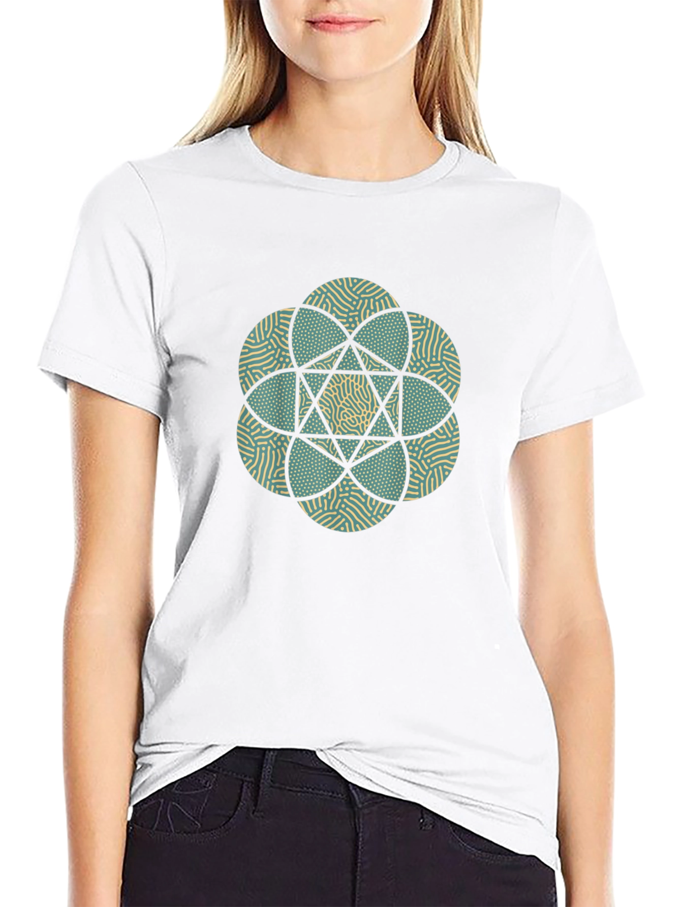 Geometric Flower Print Black T-Shirt