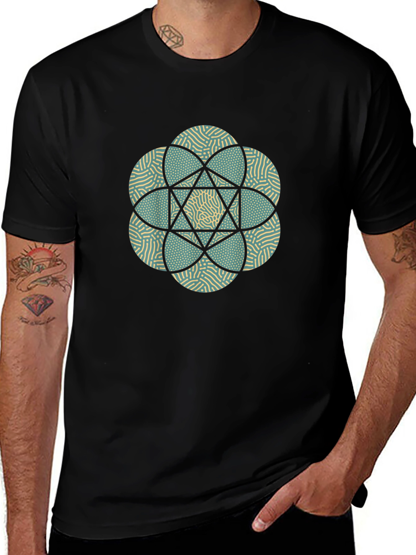 Geometric Flower Print Black T-Shirt