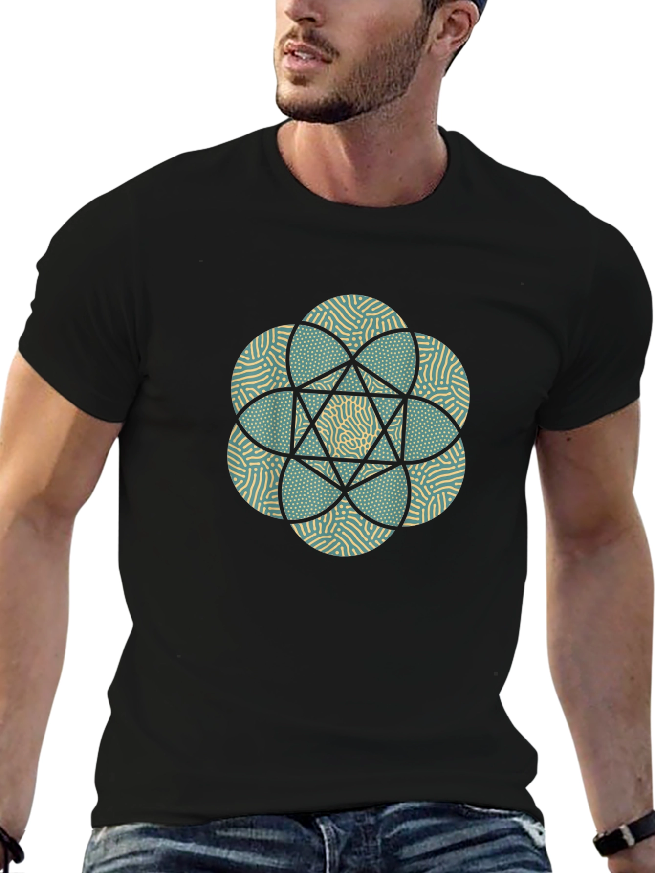 Geometric Flower Print Black T-Shirt