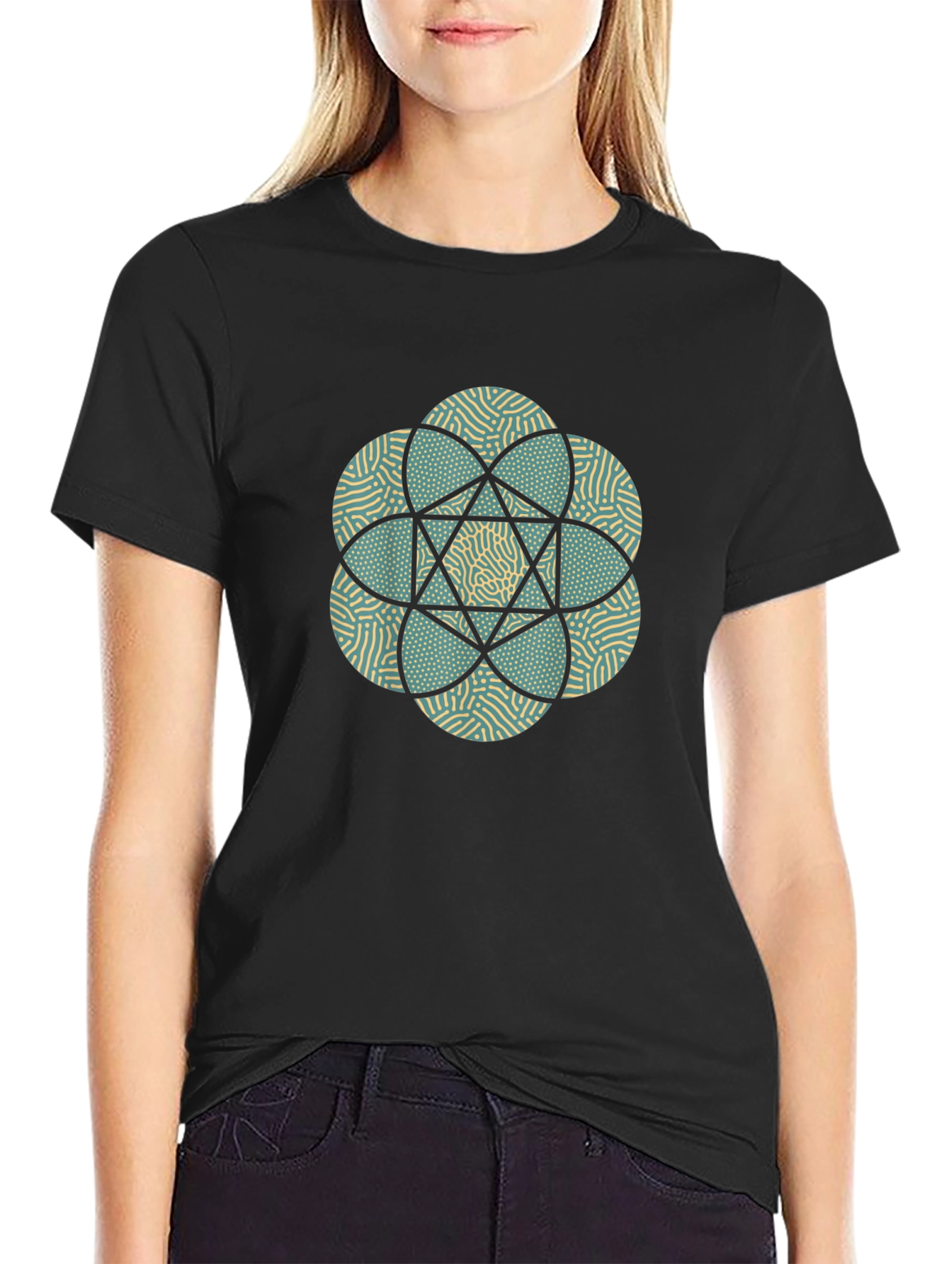 Geometric Flower Print Black T-Shirt