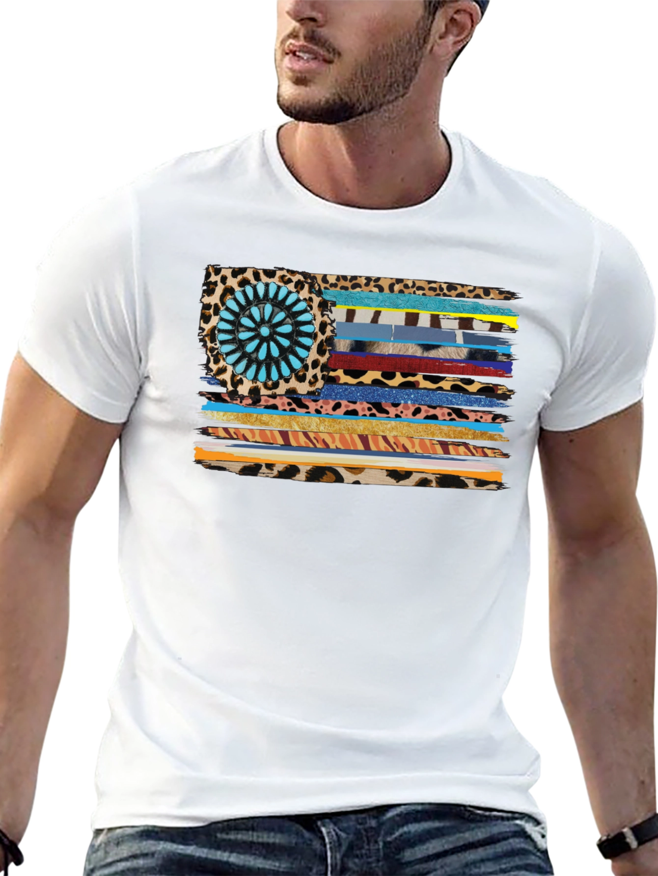 Western Style Flag Graphic Tee - Black Cotton