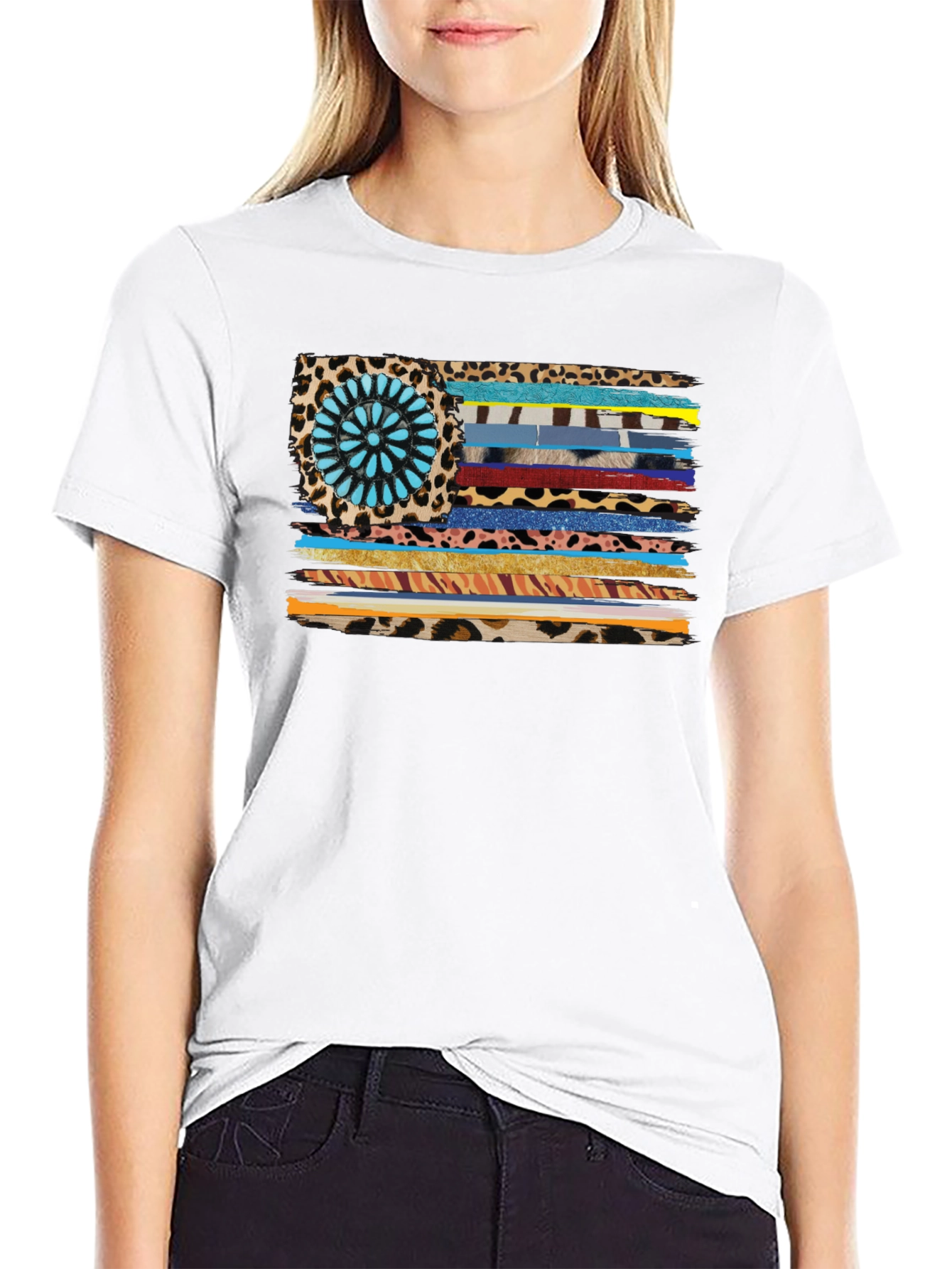 Western Style Flag Graphic Tee - Black Cotton