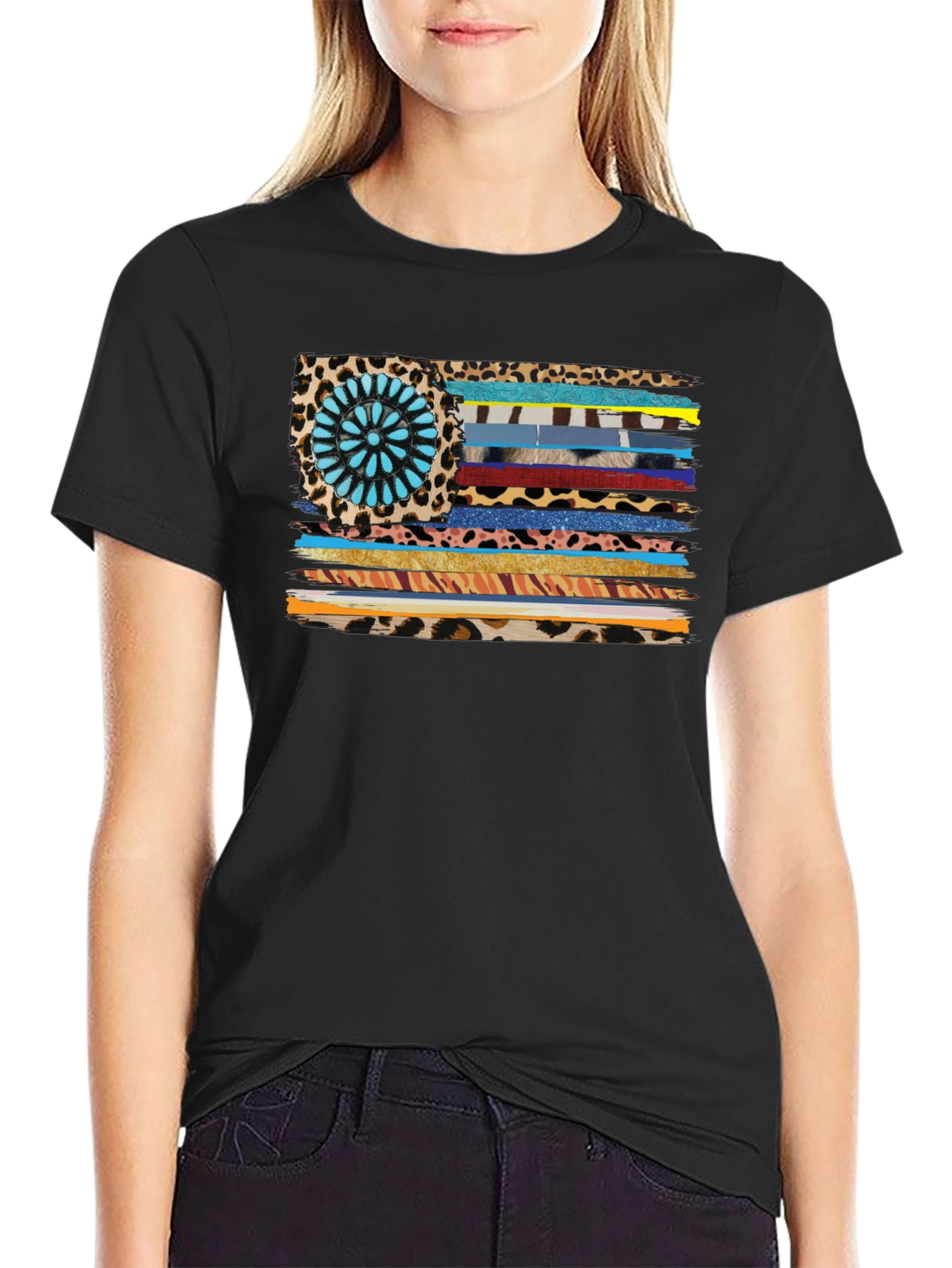 Western Style Flag Graphic Tee - Black Cotton
