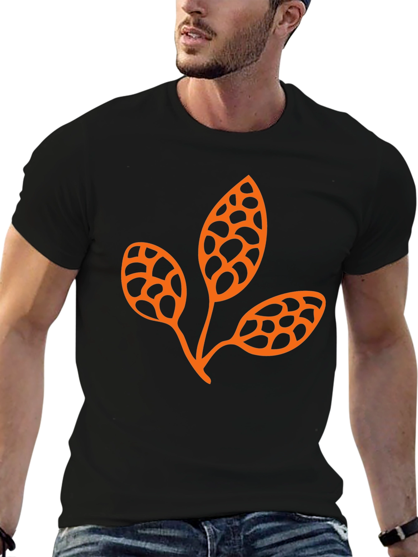 Trendy Black Tee with Unique Leaf Design