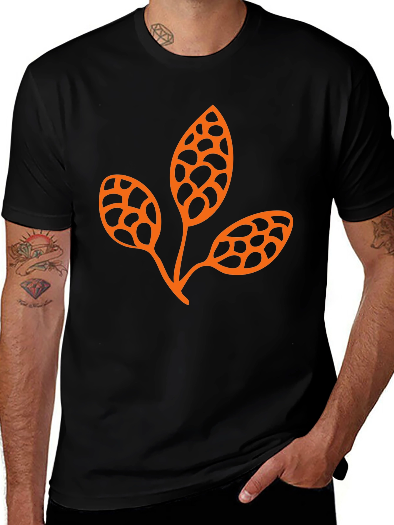 Trendy Black Tee with Unique Leaf Design