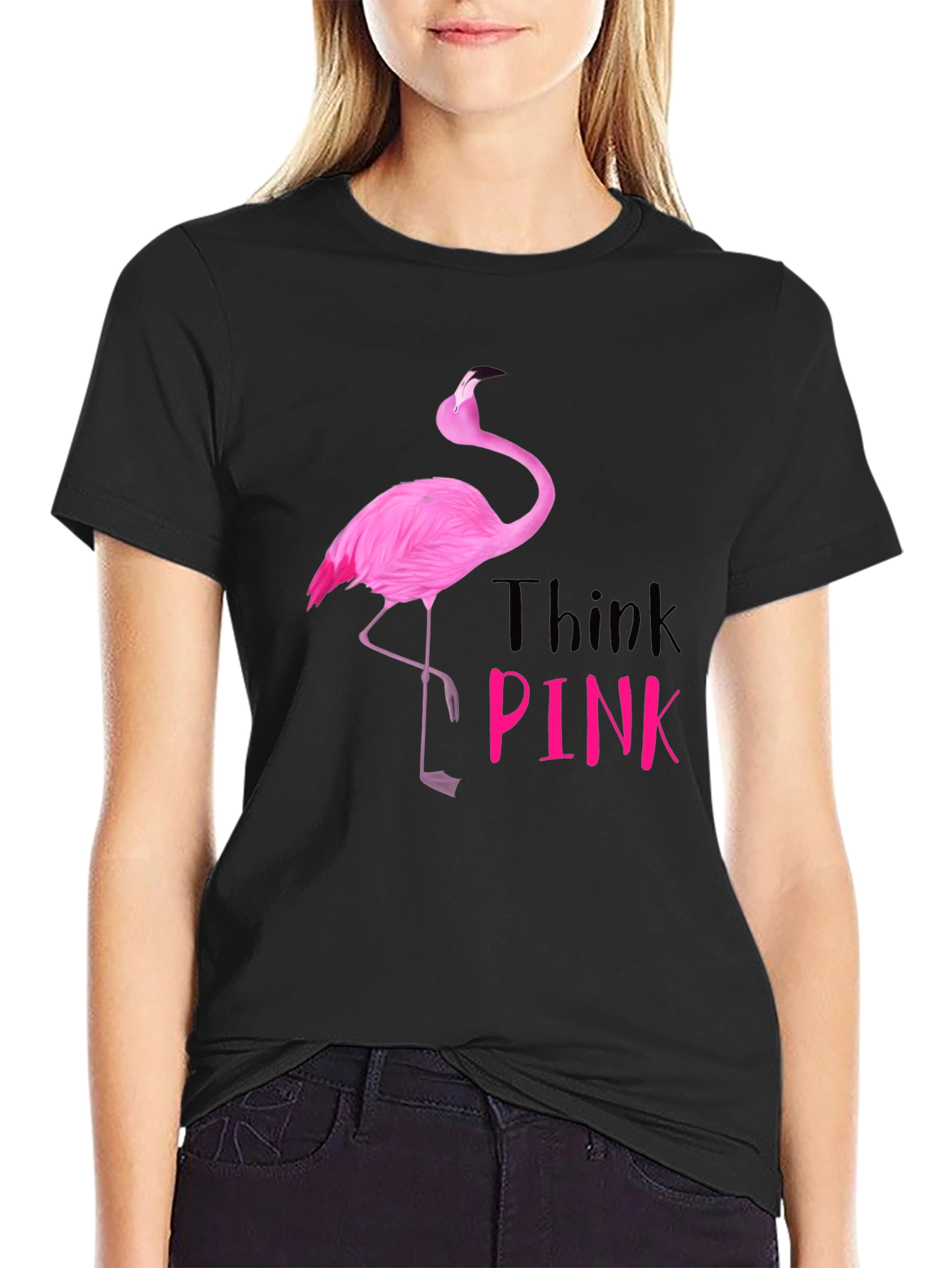 Think Pink Flamingo Graphic Tee - Black Cotton Shirt