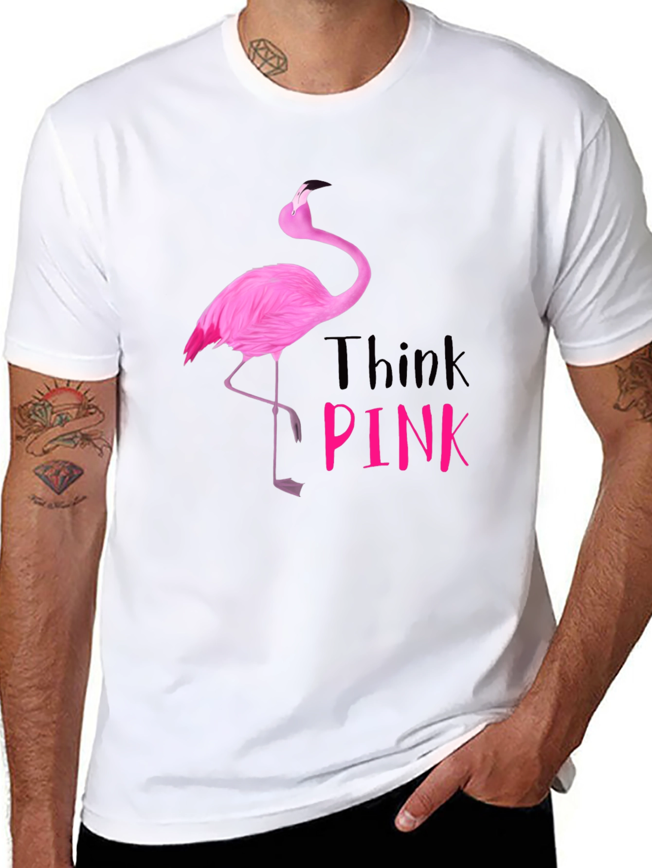 Think Pink Flamingo Graphic Tee - Black Cotton Shirt