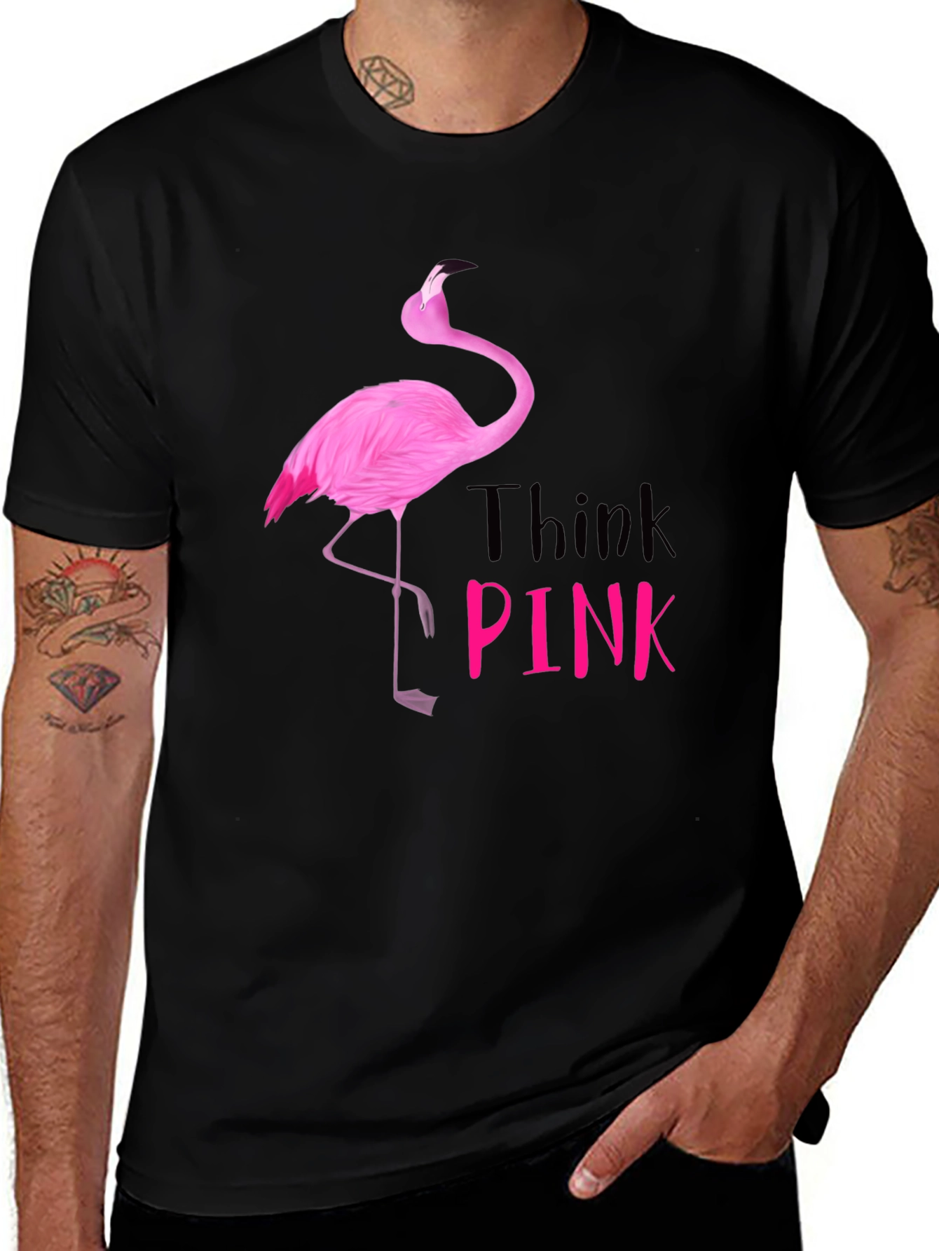 Think Pink Flamingo Graphic Tee - Black Cotton Shirt