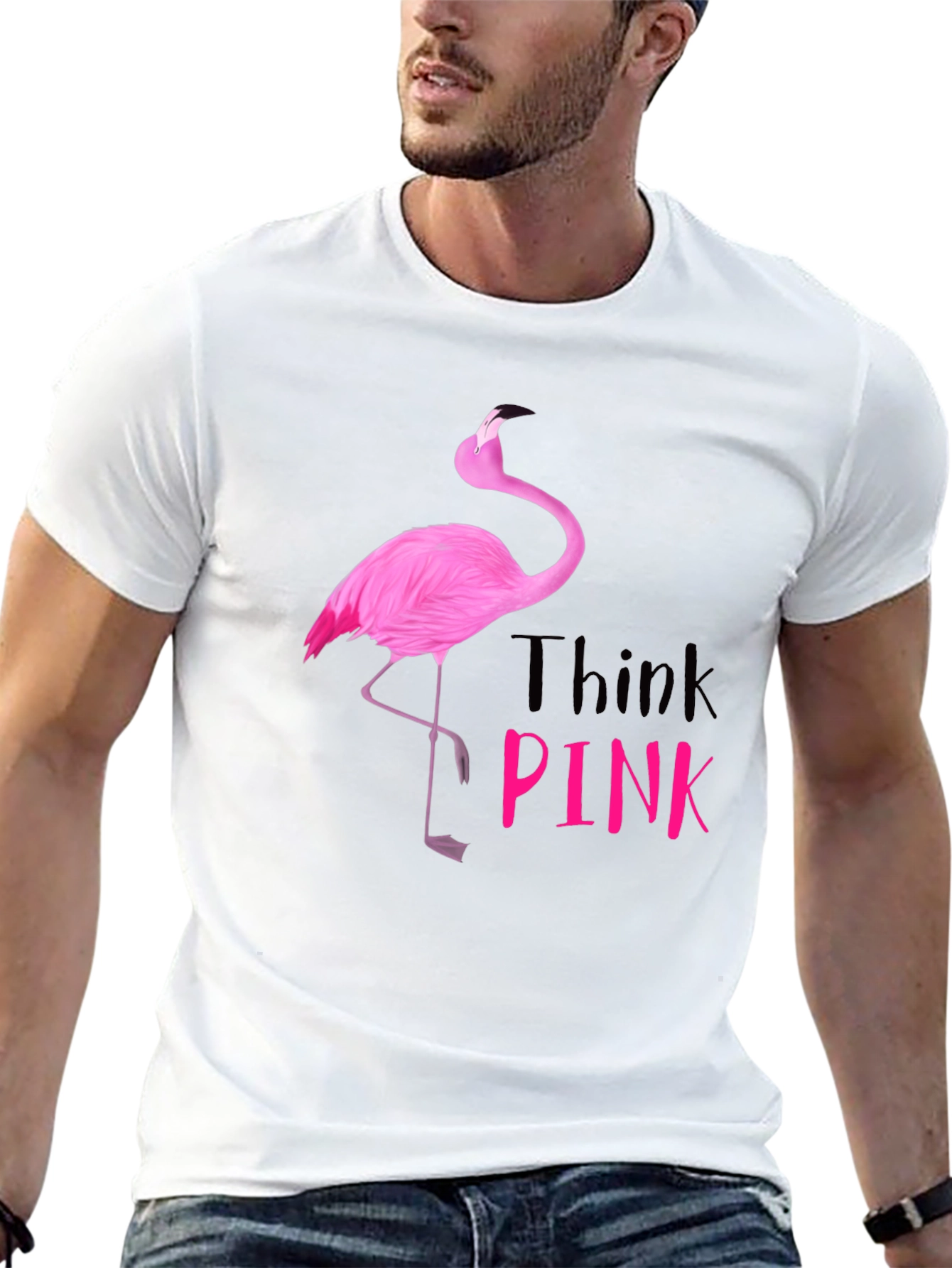 Think Pink Flamingo Graphic Tee - Black Cotton Shirt