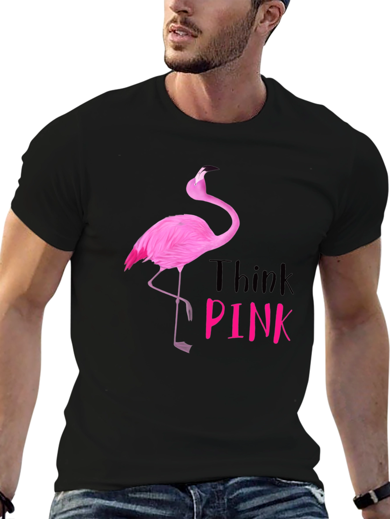 Think Pink Flamingo Graphic Tee - Black Cotton Shirt