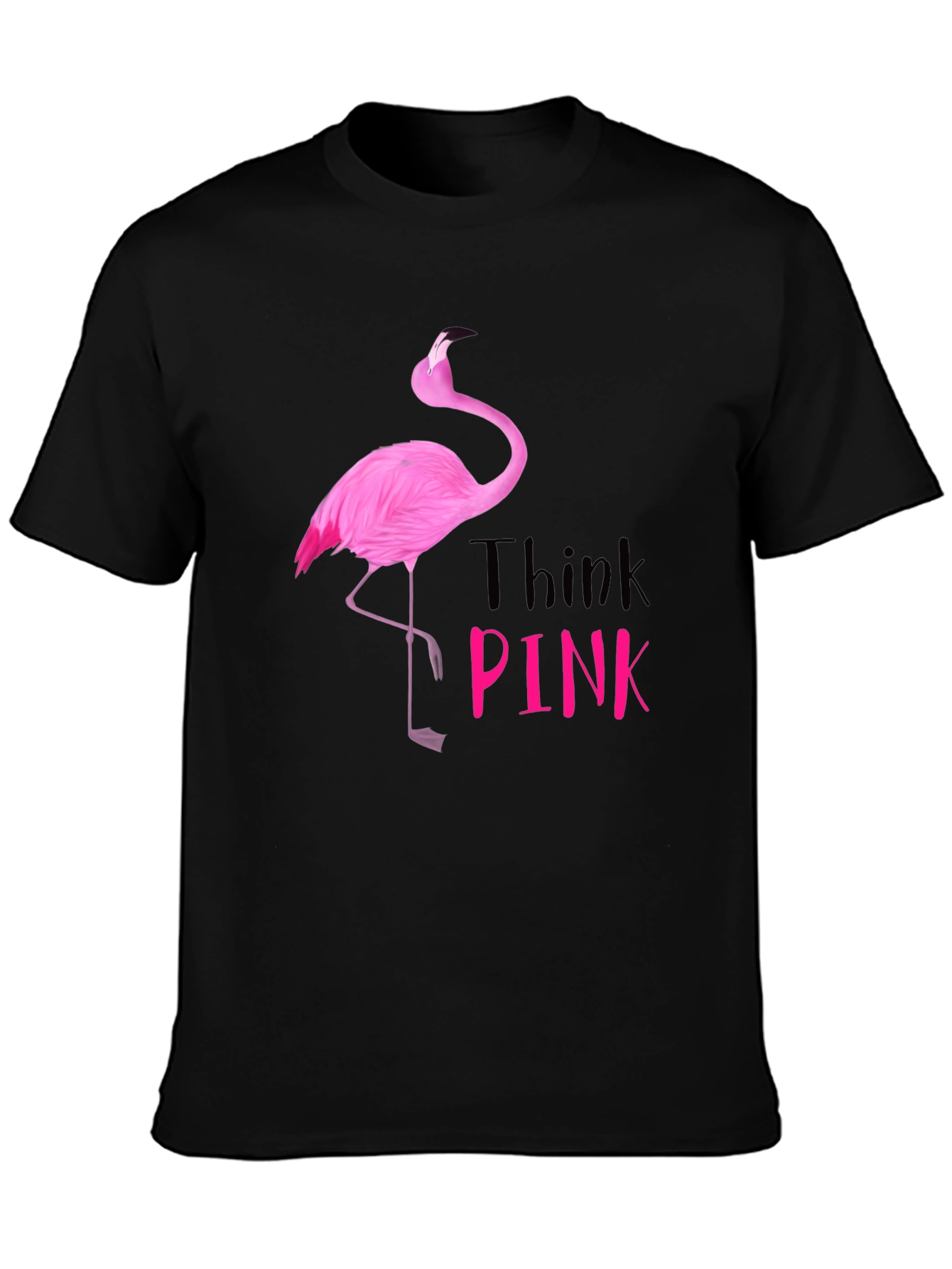 Think Pink Flamingo Graphic Tee - Black Cotton Shirt