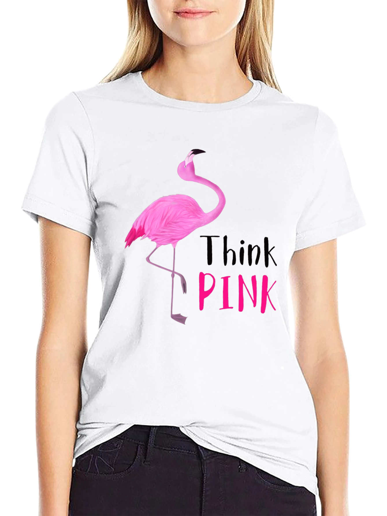 Think Pink Flamingo Graphic Tee - Black Cotton Shirt