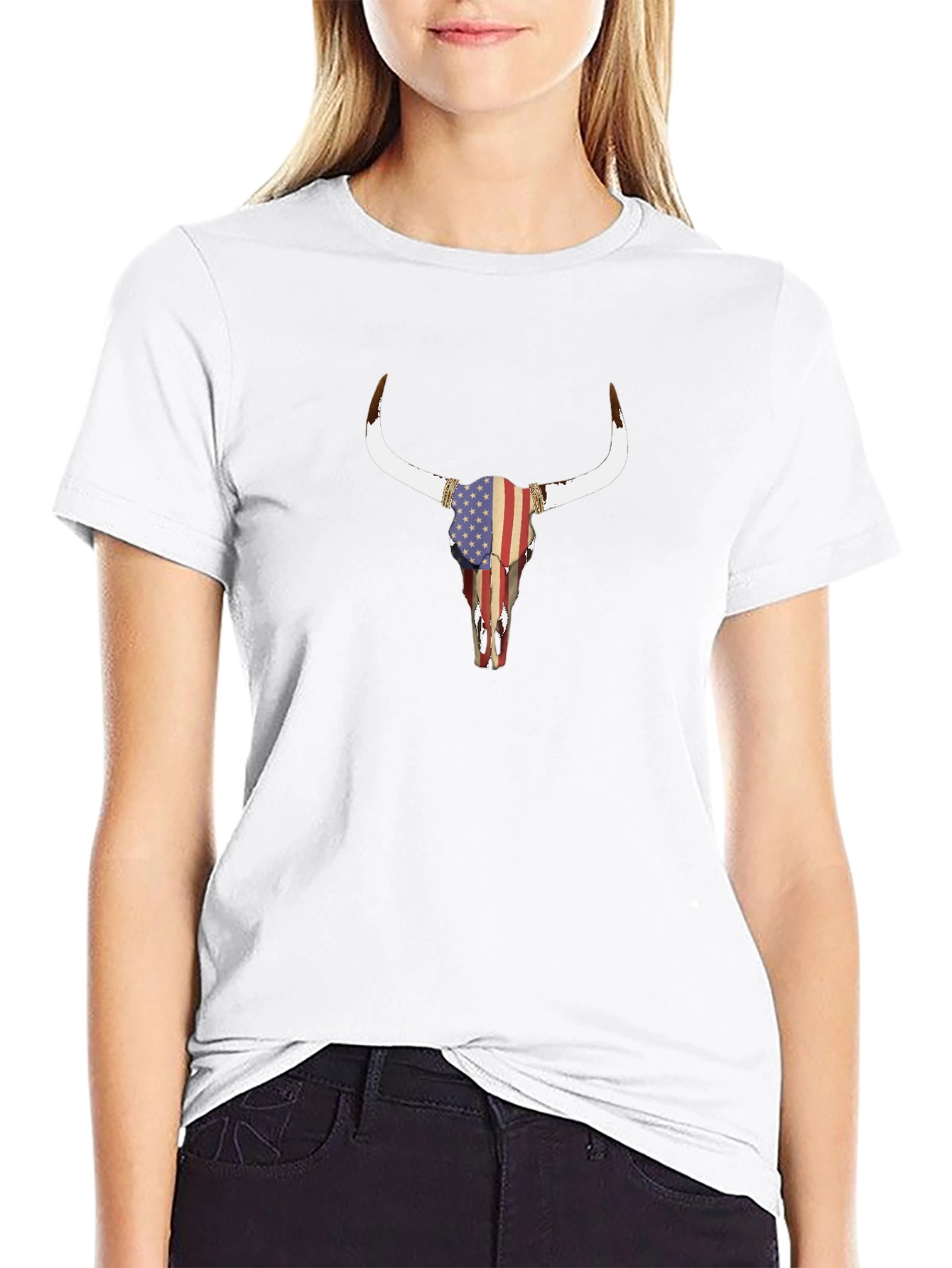 American Flag Bull Skull Graphic T-Shirt