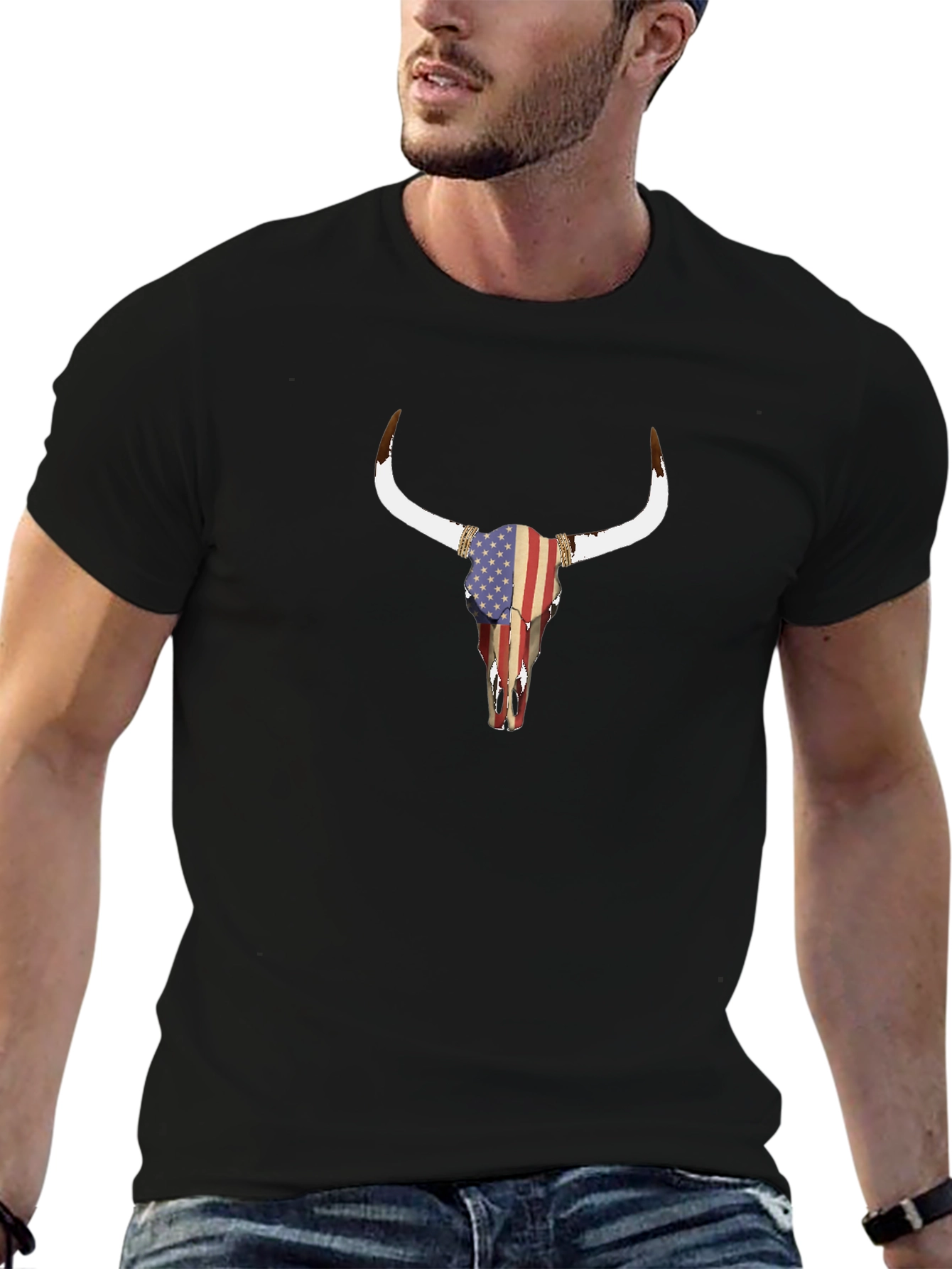 American Flag Bull Skull Graphic T-Shirt
