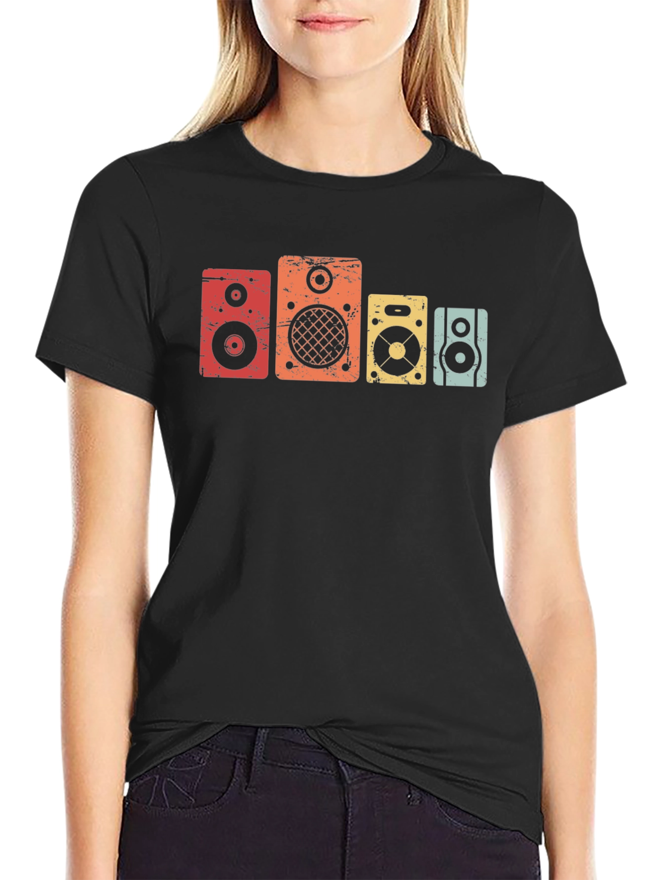 Retro Speaker Graphic Tee - Black Cotton T-Shirt