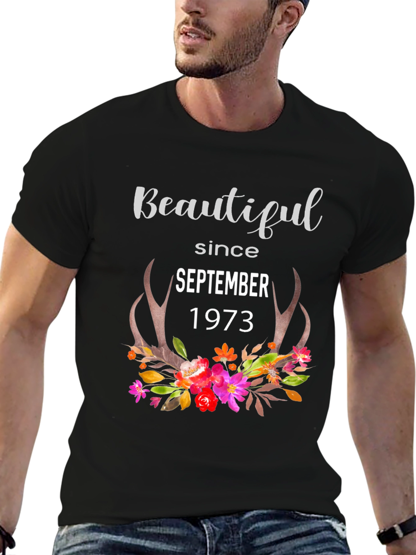 Beautiful Since September 1973 Floral Antler T-Shirt