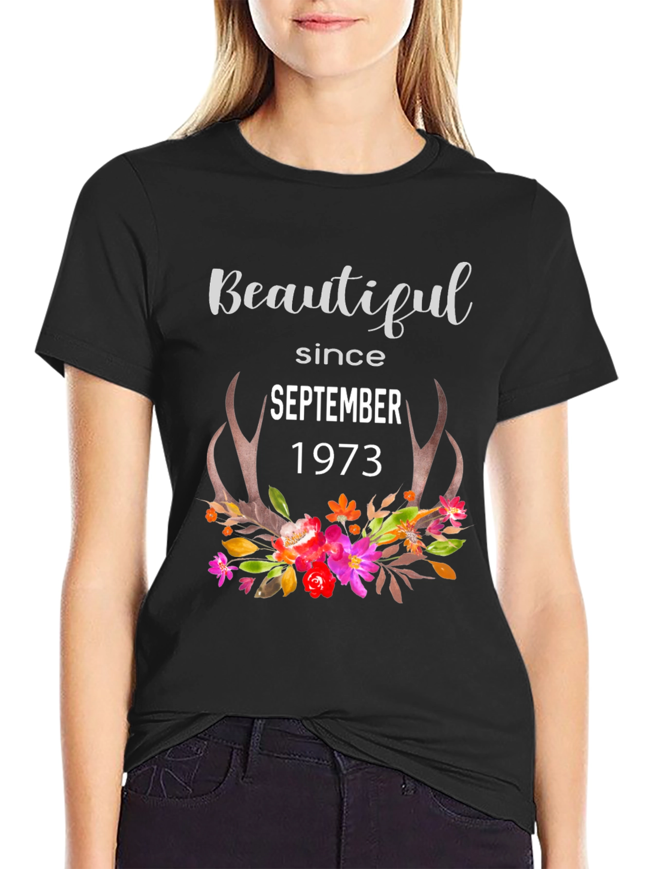 Beautiful Since September 1973 Floral Antler T-Shirt