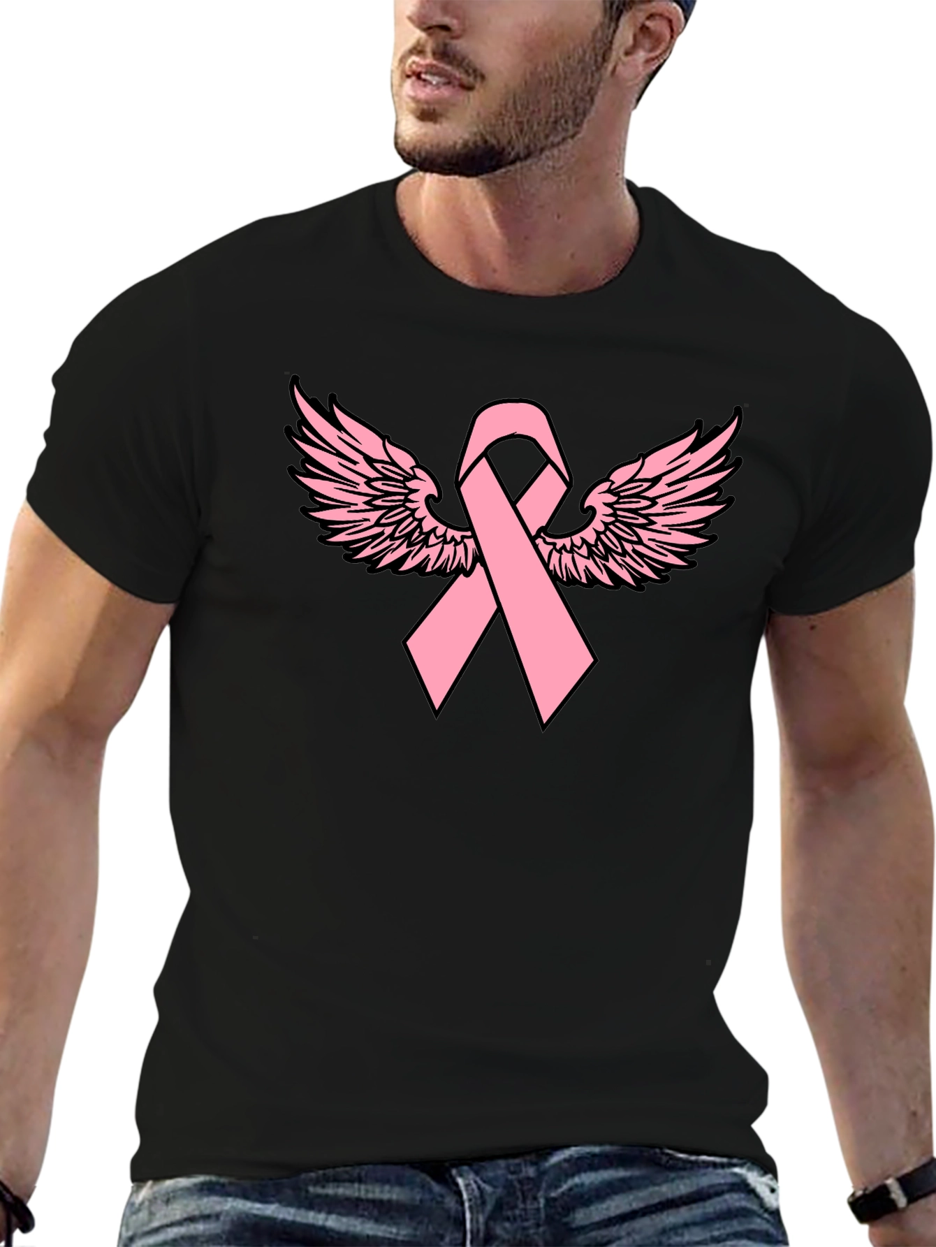 Pink Ribbon Wings Black T-Shirt