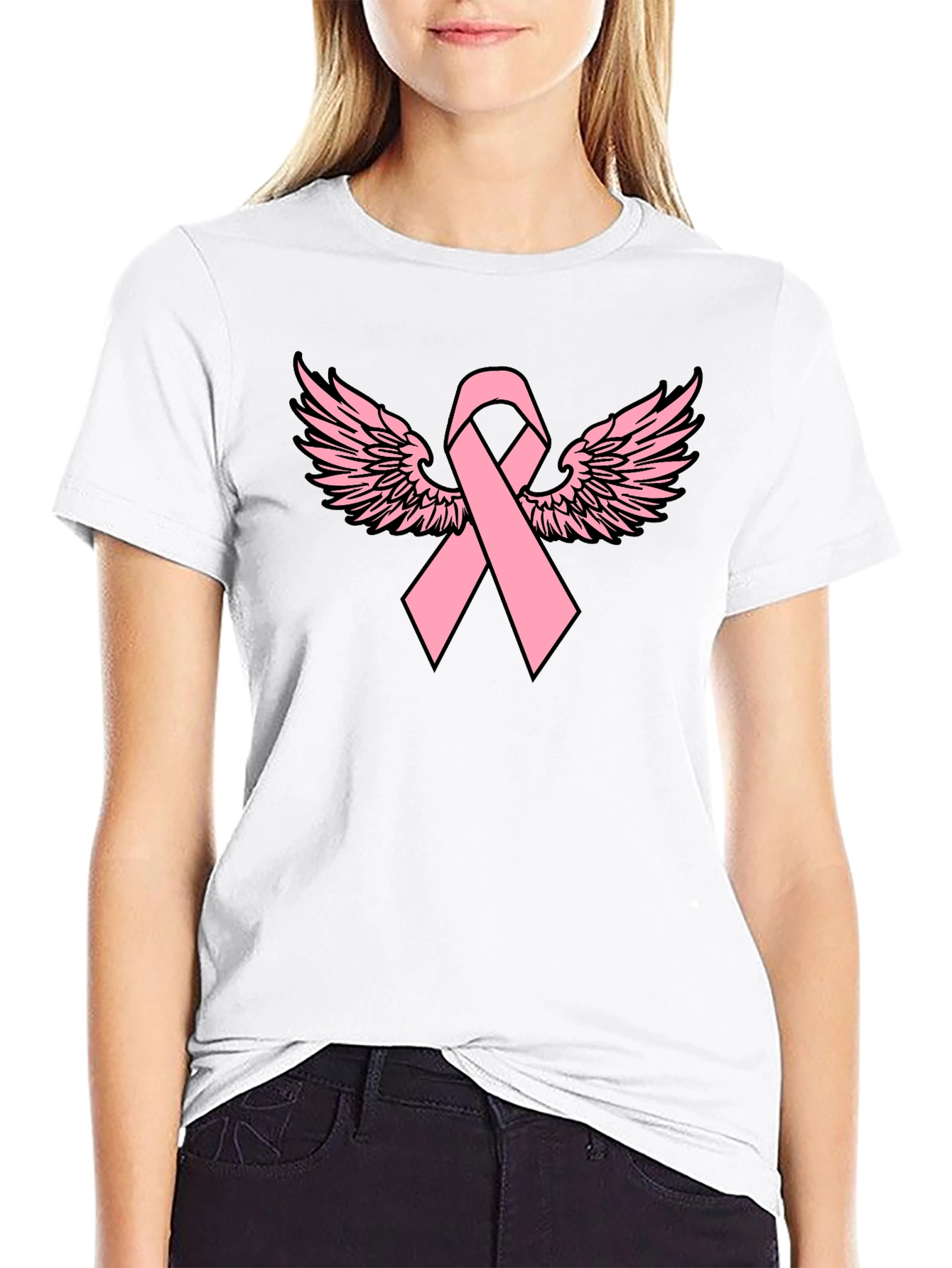 Pink Ribbon Wings Black T-Shirt