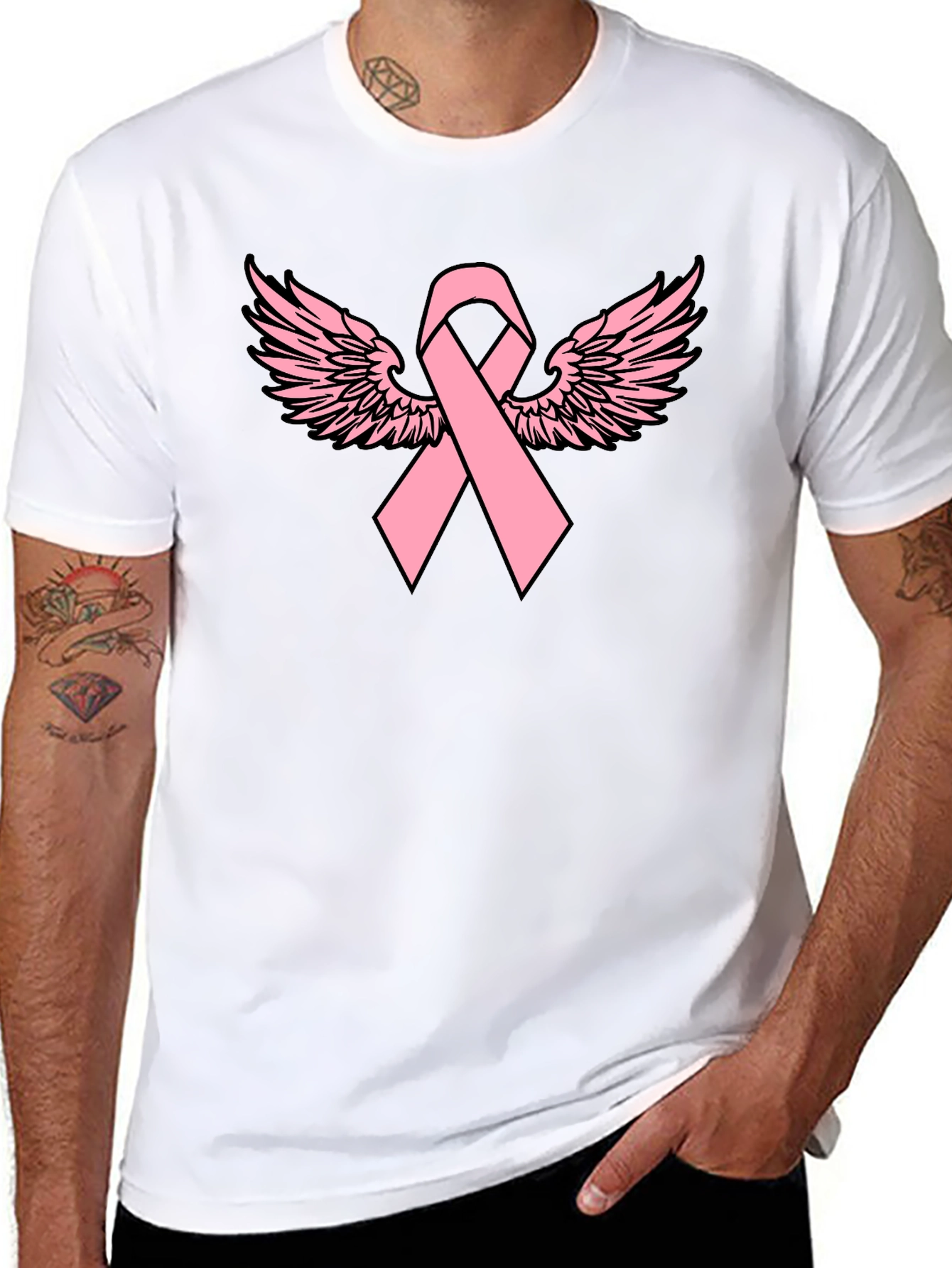 Pink Ribbon Wings Black T-Shirt